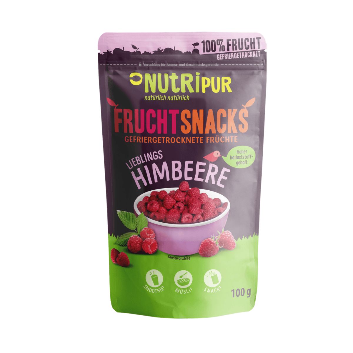 Beutel mit NutriPur Fruchtsnacks Himbeeren. Aufschrift: 100% Frucht, gefriergetrocknet. Abbildung von Himbeeren in Schale.