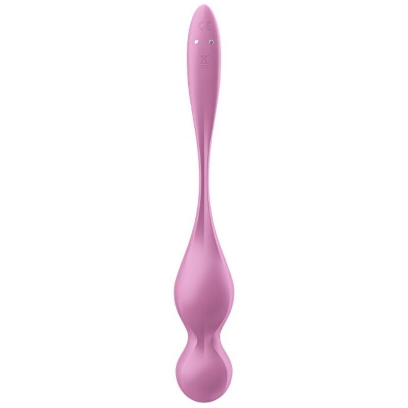 Rosa Vibrationskugel. Längliche Form mit zwei Kugeln. Oberseite mit zwei Knöpfen. Aus Silikon.