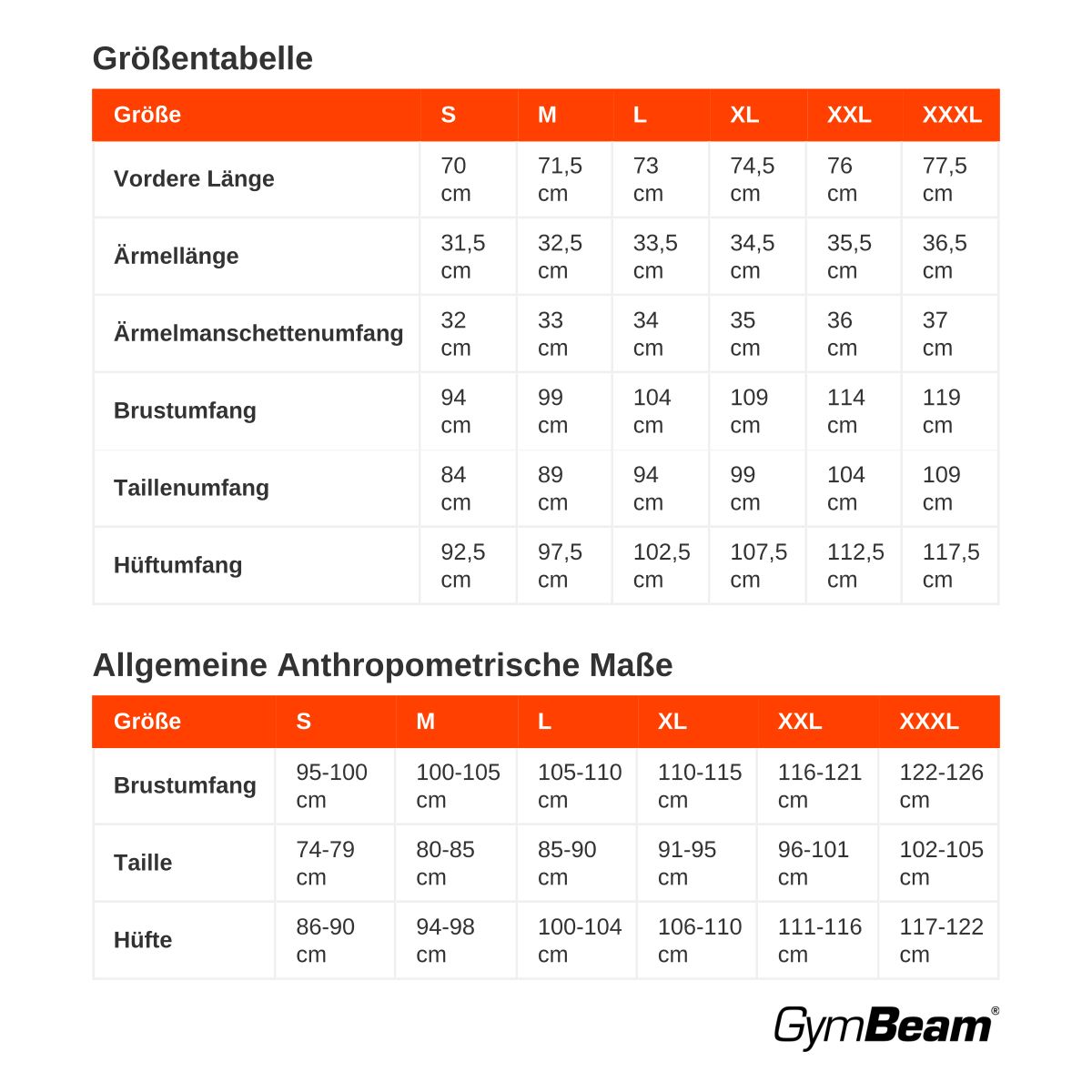 Größentabelle für Herrenbekleidung mit Maßen in cm für verschiedene Größen.