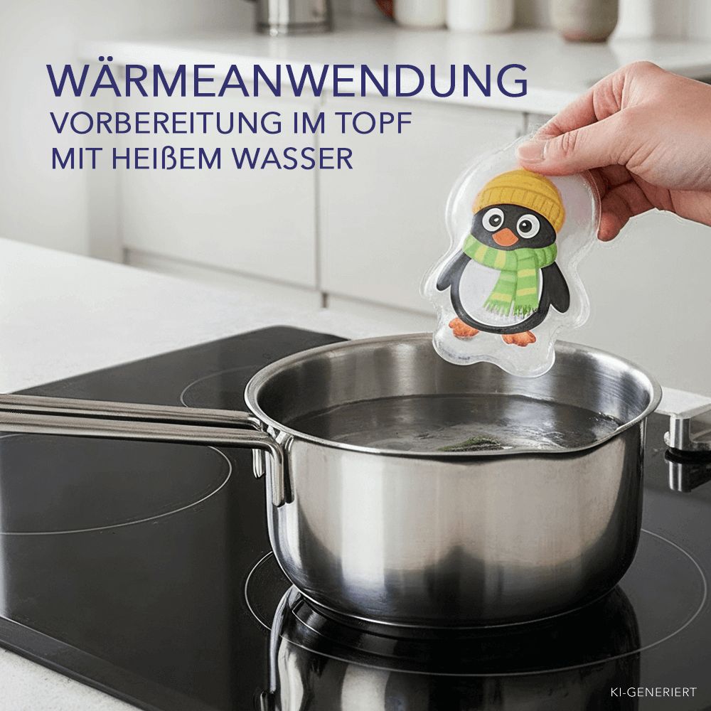 Pinguin-Kalt-Warm-Kompresse wird in heißes Wasser gehalten. Text: Wärmeanwendung, Vorbereitung im Topf.