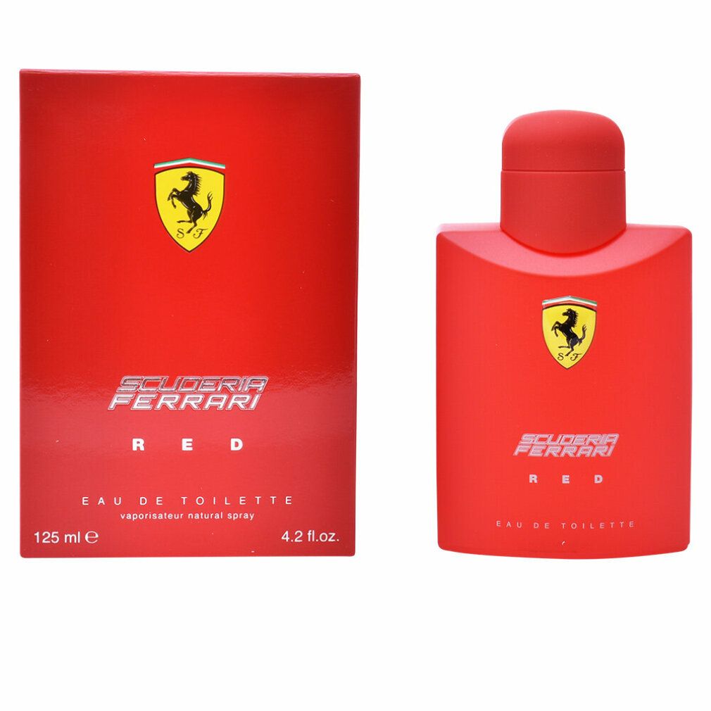 Rotes Eau de Toilette und Verpackung. Logo und Schriftzug Scuderia Ferrari Red. 125 ml.