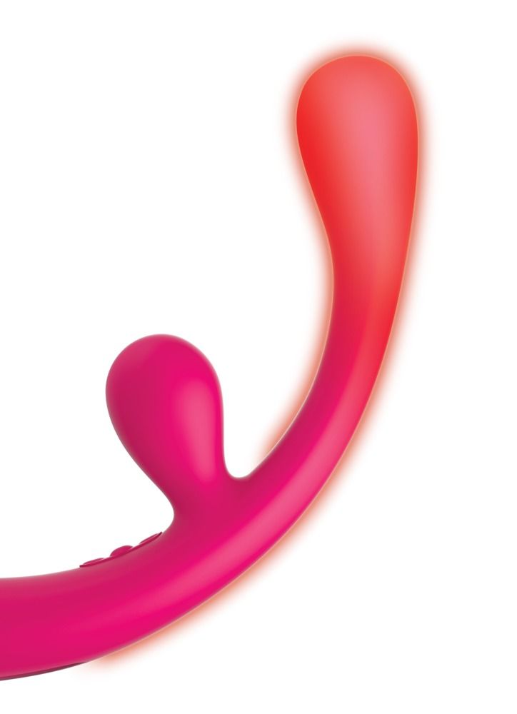 Pinkfarbener Vibrator mit gebogener Form und Kugel, mit rotem Leuchteffekt.