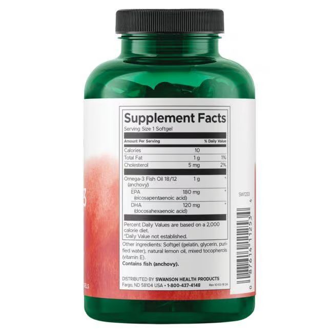 Grüne Flasche mit Omega-3-Fischöl-Kapseln. Rückseite mit Nährwertangaben und Inhaltsstoffen. Enthält Fisch.