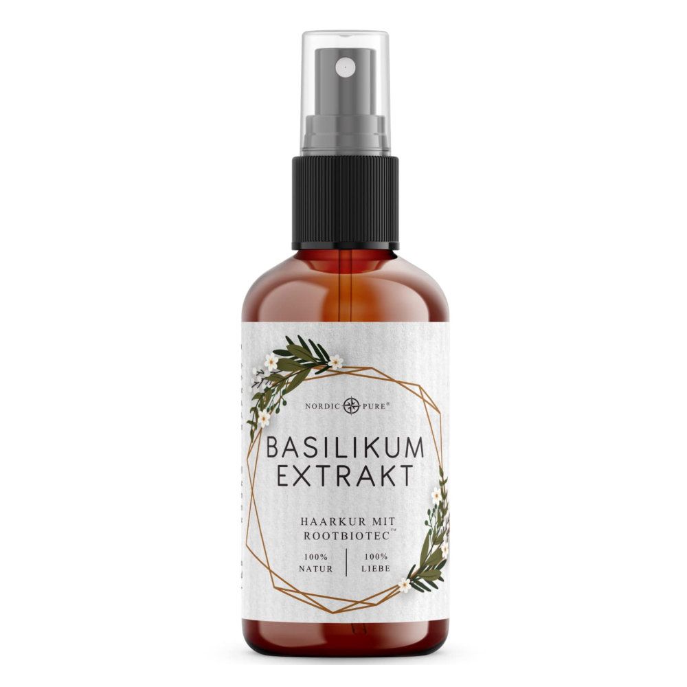 Braune Flasche mit Sprühkopf. Aufschrift: Basilikum Extrakt, Haarkur mit Rootbiotec. Logo: Nordic Pure.