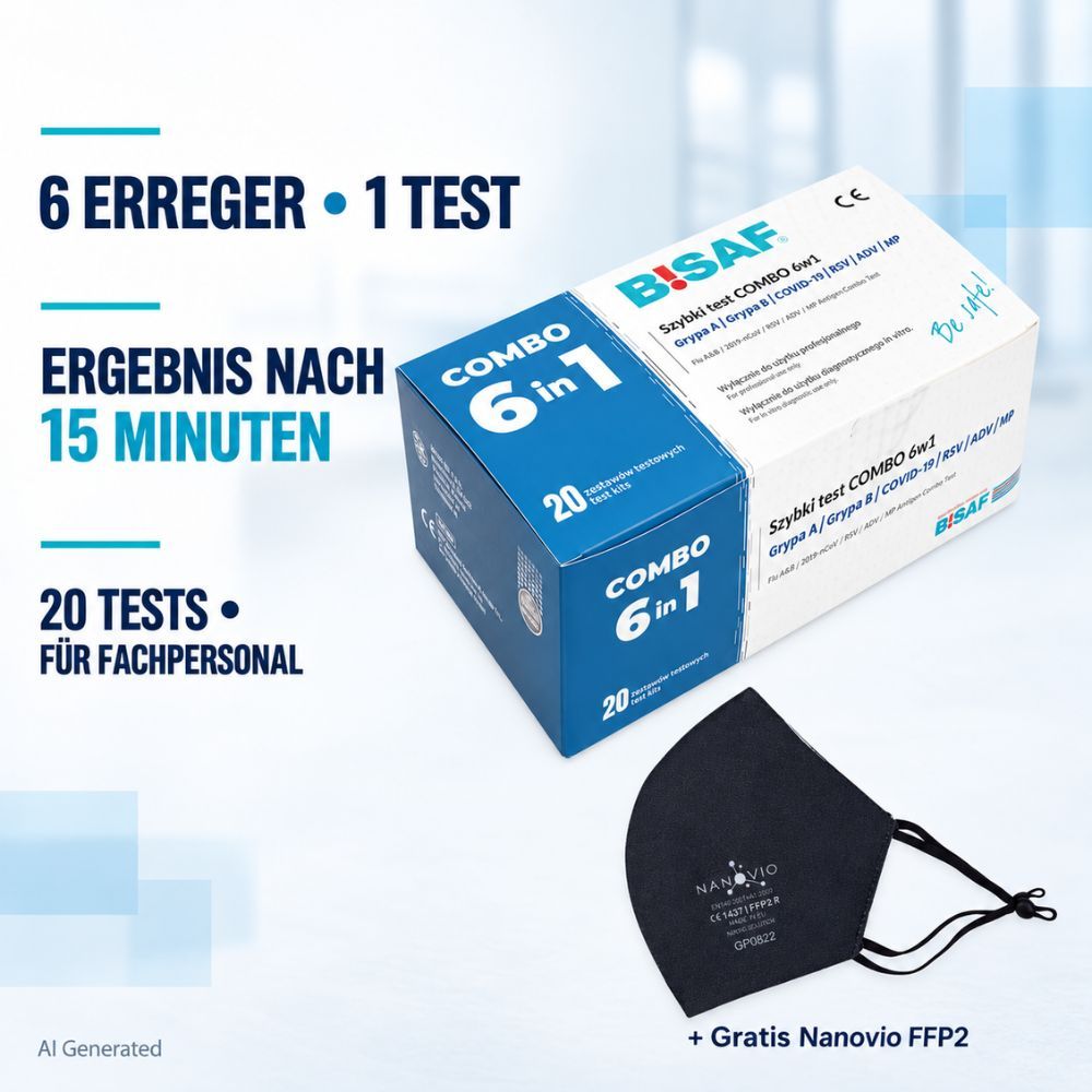 BISAF COMBO 6in1: SARS-CoV-2, Flu A/B, RSV, Adenovirus, Mycoplasma – 20 Tests + Gratis Nanovio FFP2