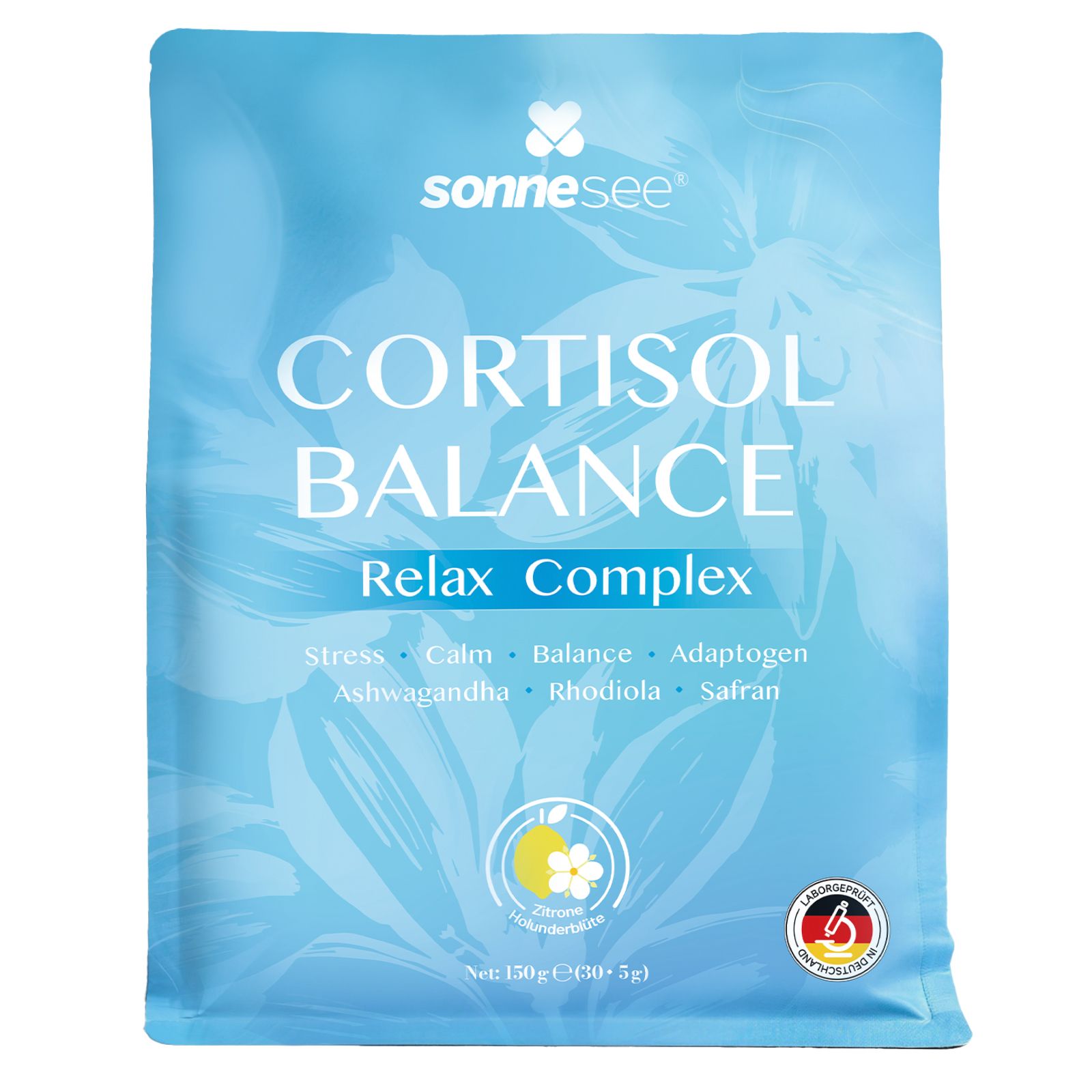 Packung SonneSee Cortisol Balance Relax Complex Pulver mit Ashwagandha und Rhodiola.