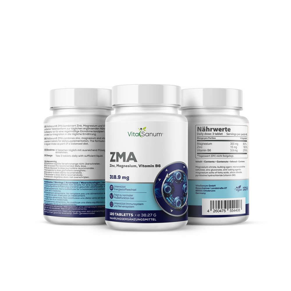 Drei weiße Flaschen VitaSanum ZMA. Enthält Zink, Magnesium, Vitamin B6. 120 Tabletten. Blaue Grafik.