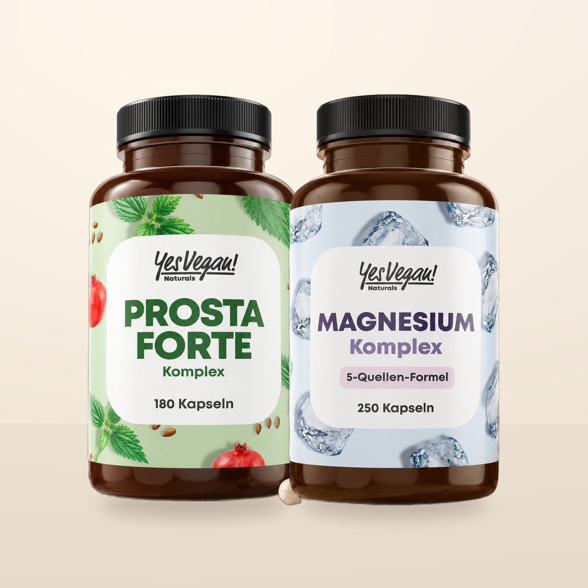 Zwei braune Kapsel-Flaschen: 'Prosta Forte Komplex' (180 Kapseln) und 'Magnesium Komplex' (250 Kapseln).