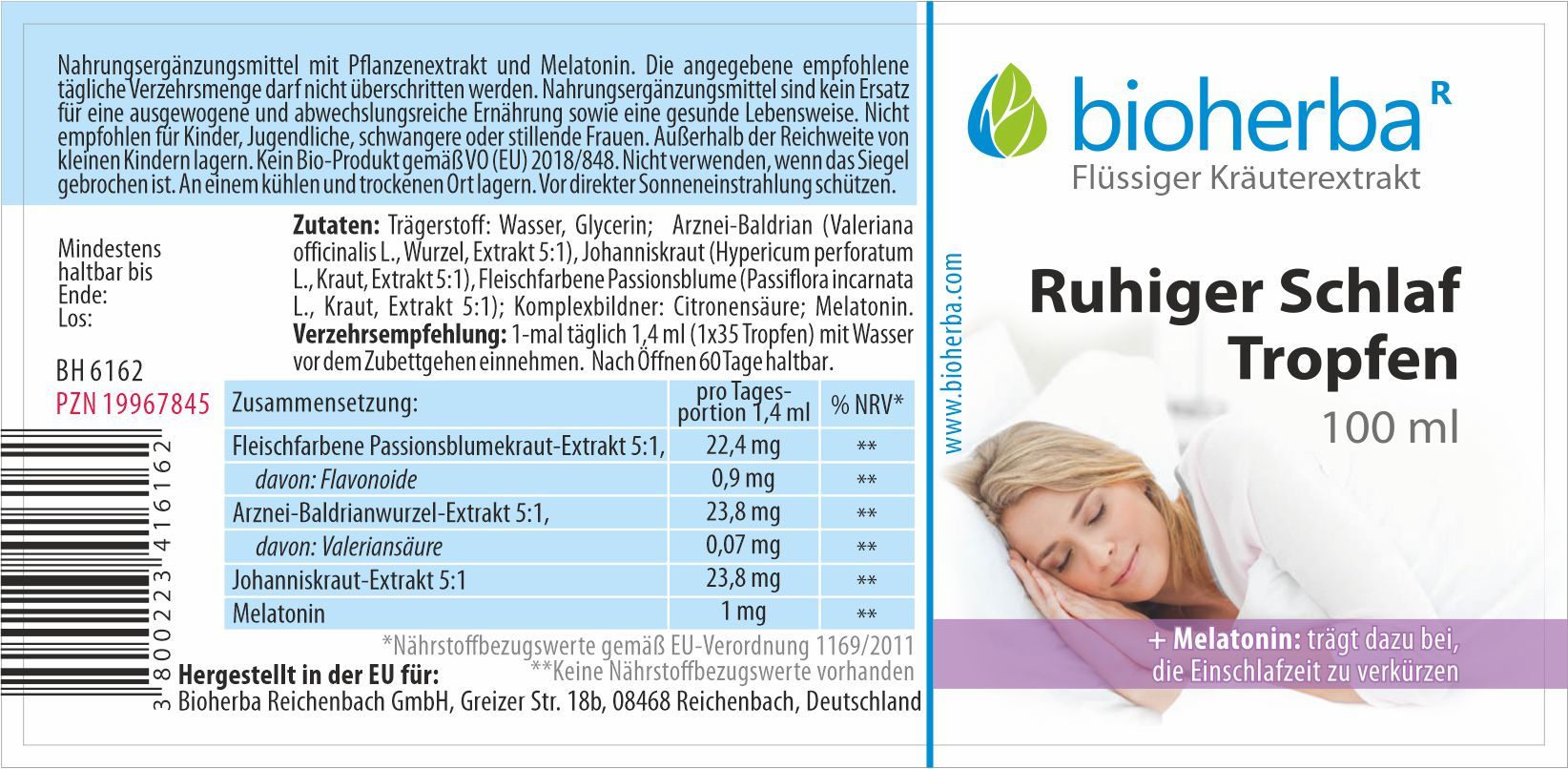 Etikett mit Produktinformationen. Enthält Inhaltsstoffe, Dosierung und Herstellerangaben. Bioherba Ruhiger Schlaf Tropfen.