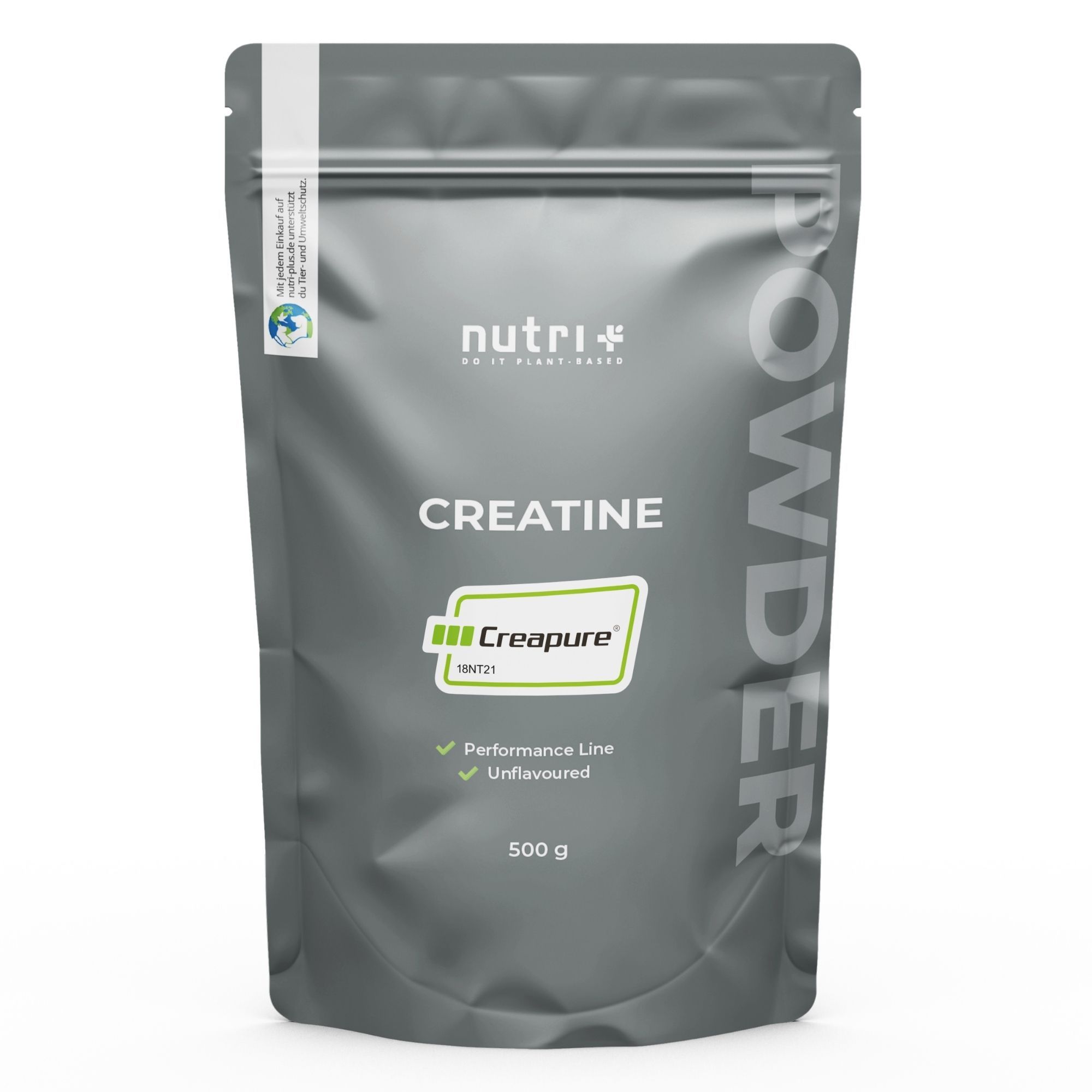 Grauer Beutel mit Kreatinpulver. Zeigt Marke, Produktnamen, Creapure®-Siegel und 500g-Gewicht an.