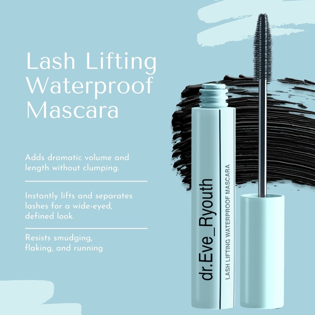 Hellblaue Mascara-Verpackung mit schwarzem Applikator und Text 'Lash Lifting Waterproof Mascara'.