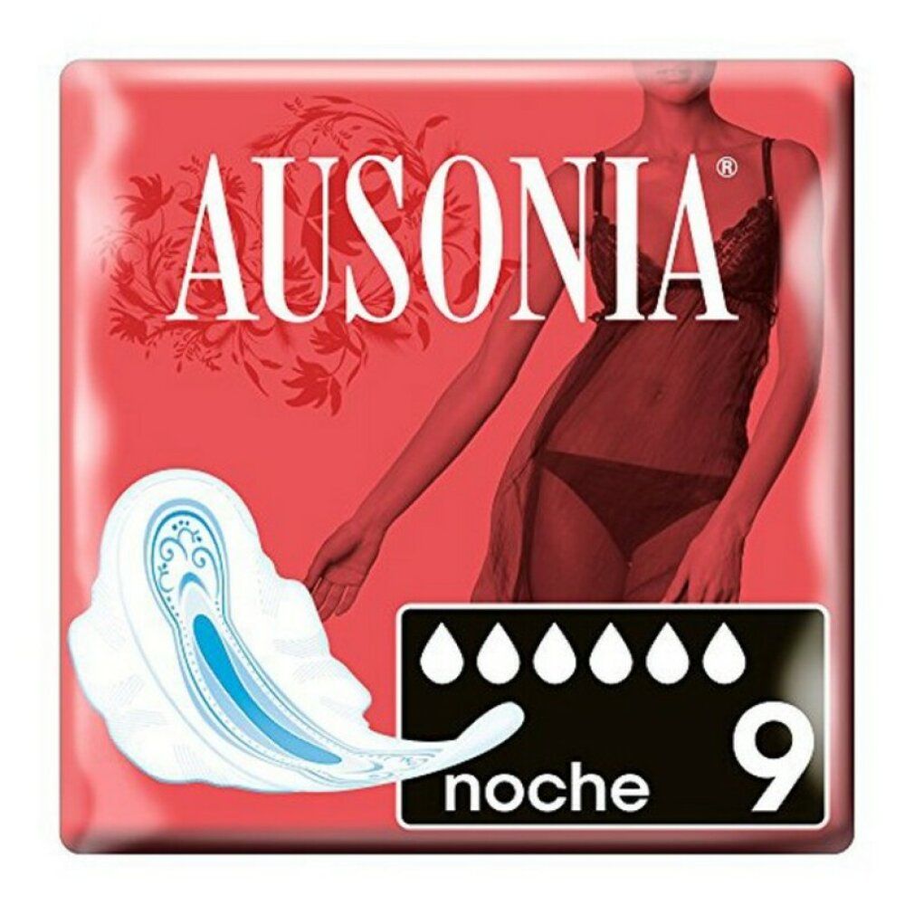 Verpackung AUSONIA Nachtbinden. Rote Verpackung mit Produktabbildung und Aufschrift 'AUSONIA' und 'Nacht'. Enthält 9 Stück.