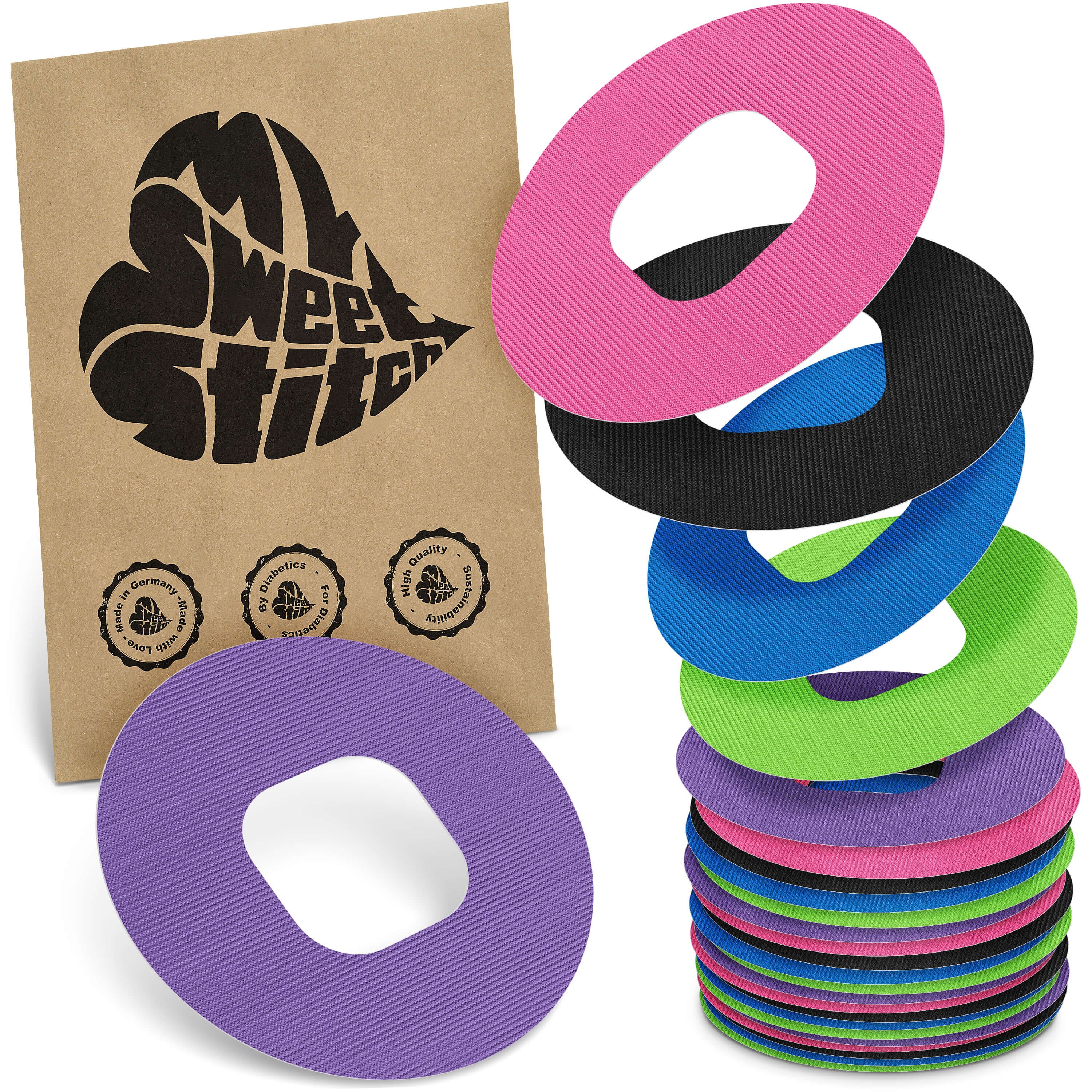 Verschiedenfarbige, ringförmige Pflaster mit ovaler Aussparung. Braune Papiertüte mit Logo und Siegeln.