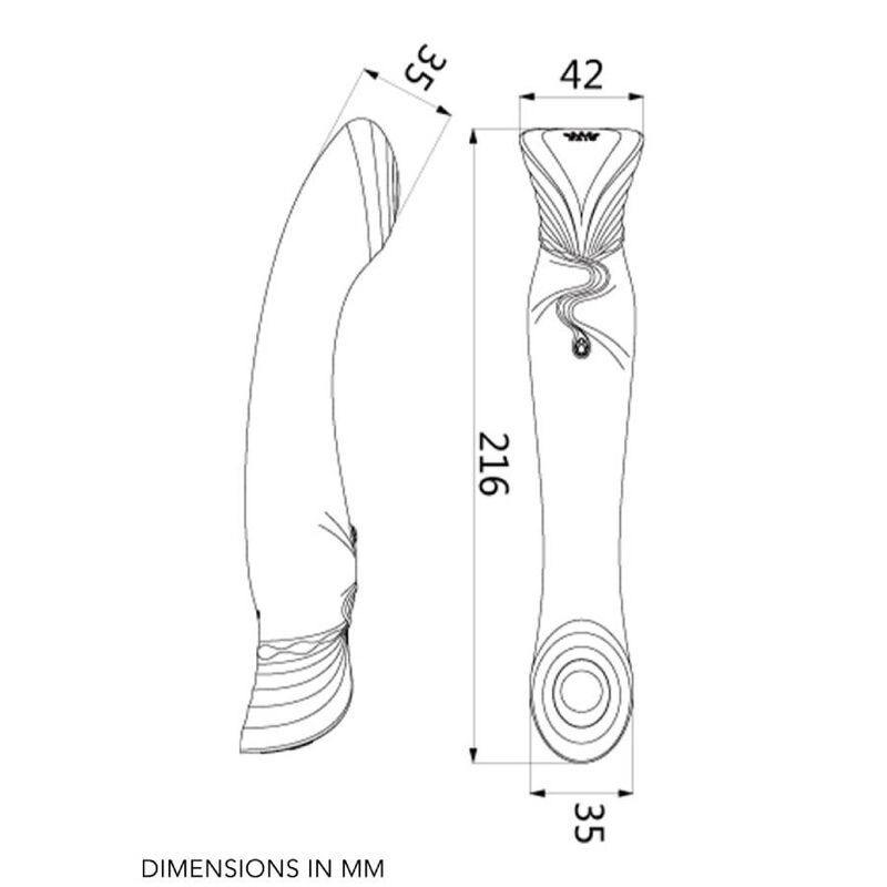 Technische Zeichnung des Vibrators. Maße in mm: 216mm Länge, 42mm Kopfbreite, 35mm Basisbreite.