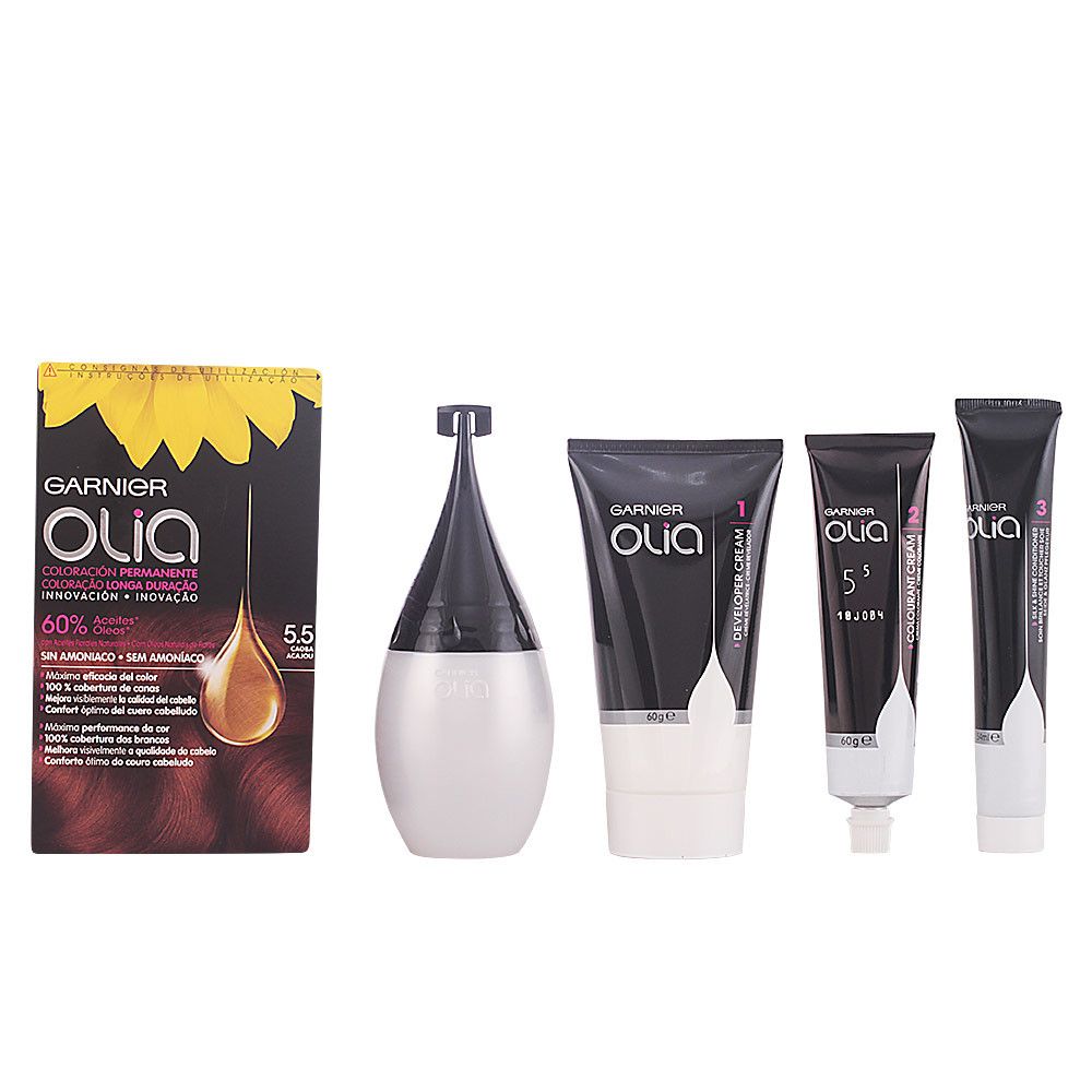 Haarfärbemittel-Set. Enthält eine Schachtel, eine Applikatorflasche und drei Tuben. Auf der Schachtel steht Garnier Olia.