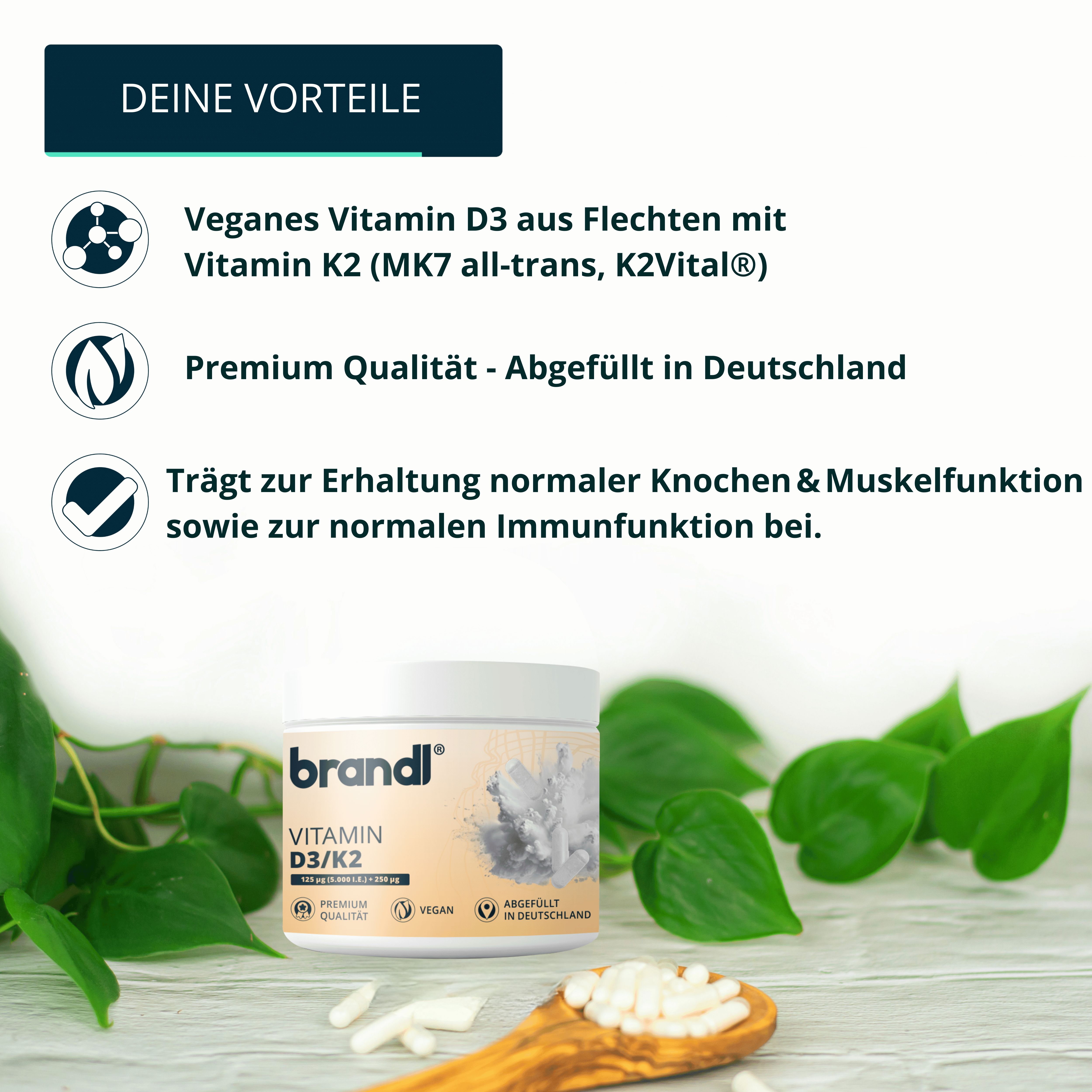 Vitamin D3 K2 Kapseln, Dose und Kapseln. Text: Veganes Vitamin D3, Premium Qualität, abgefüllt in Deutschland. Trägt zur Knochenfunktion bei.