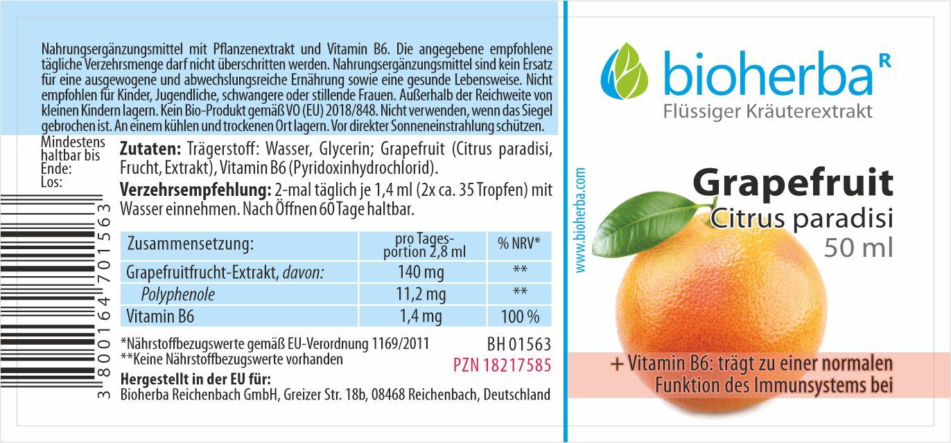 Etikett mit Produktinformationen. Bioherba Grapefruit Tinktur. Enthält Grapefruit-Extrakt, Vitamin B6. Flasche mit 50 ml.