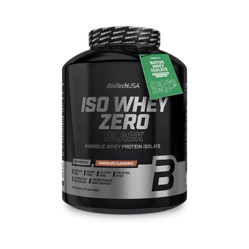 Schwarze Dose BioTech Iso Whey Zero Black. Aufschrift: Native Whey Isolate, Chocolate Flavoured. Enthält BCAA, zuckerfrei, glutenfrei, palmölfrei.