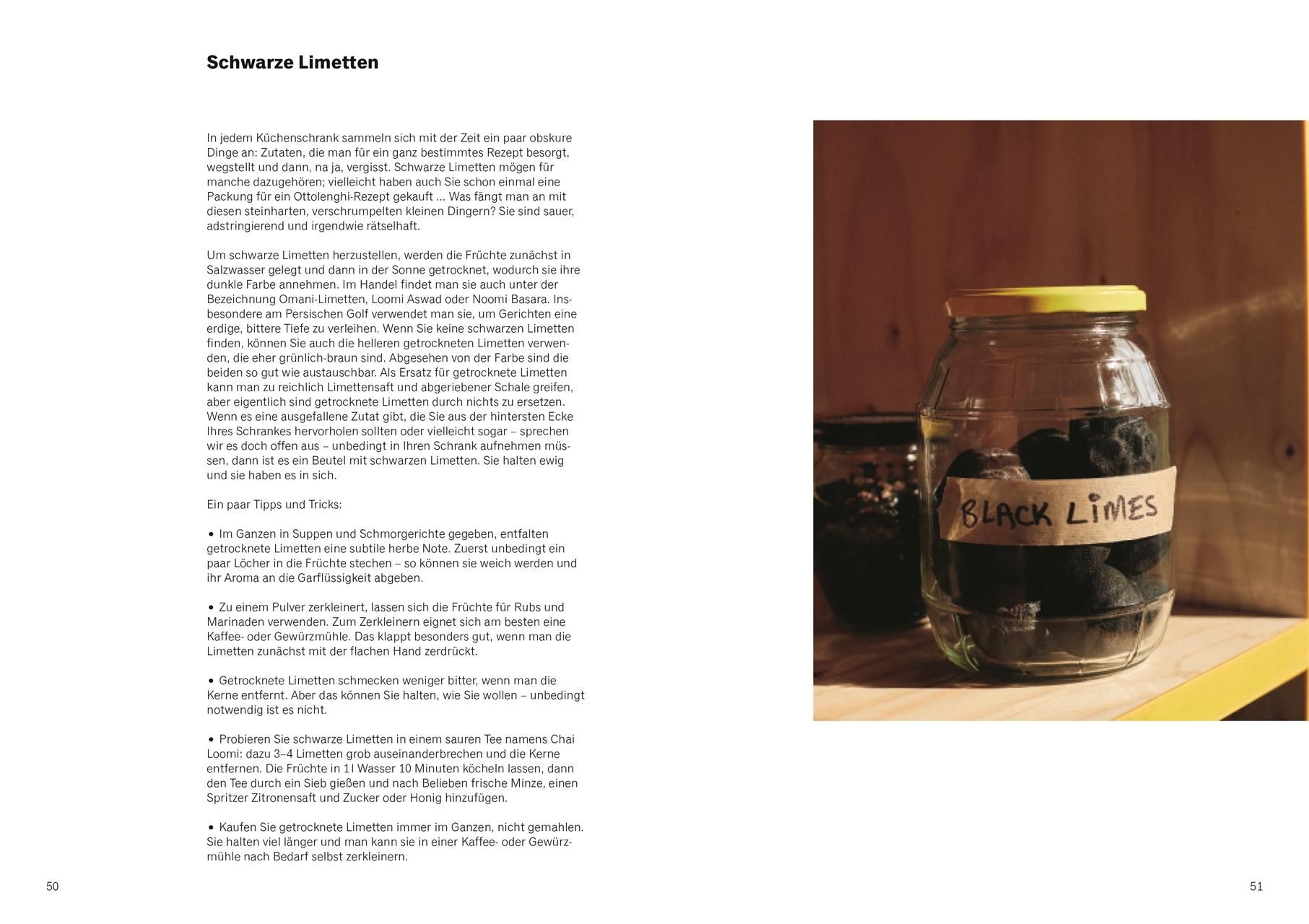 Buchseite mit Text und Foto. Überschrift 'Schwarze Limetten'. Glas mit schwarzen Limetten, beschriftet 'Black Limes'.