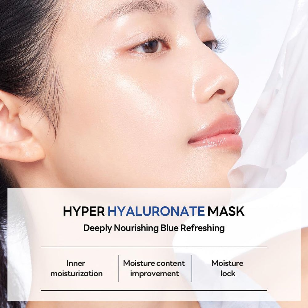 Gesicht einer Person mit einer Gesichtsmaske. Text: HYPER HYALURONATE MASK. Tief nährend, blau erfrischend.