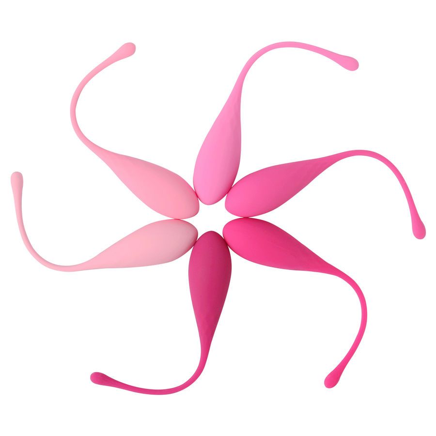 Sechs Kegel-Eier in verschiedenen Rosatönen, sternförmig angeordnet. Jedes Ei hat eine längliche Form mit Stiel.