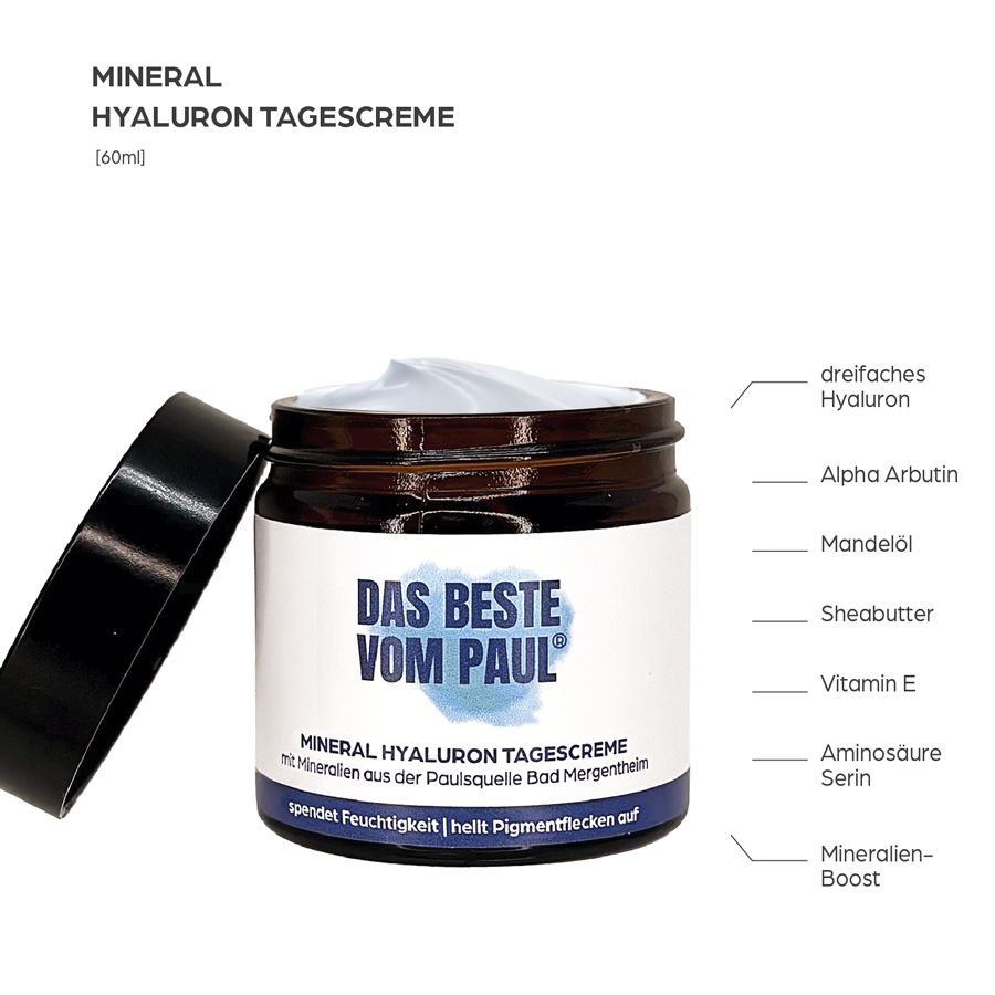 Ein brauner Glastiegel mit schwarzem Deckel. Auf dem Etikett steht "Das Beste Vom Paul". Daneben sind Inhaltsstoffe aufgelistet.