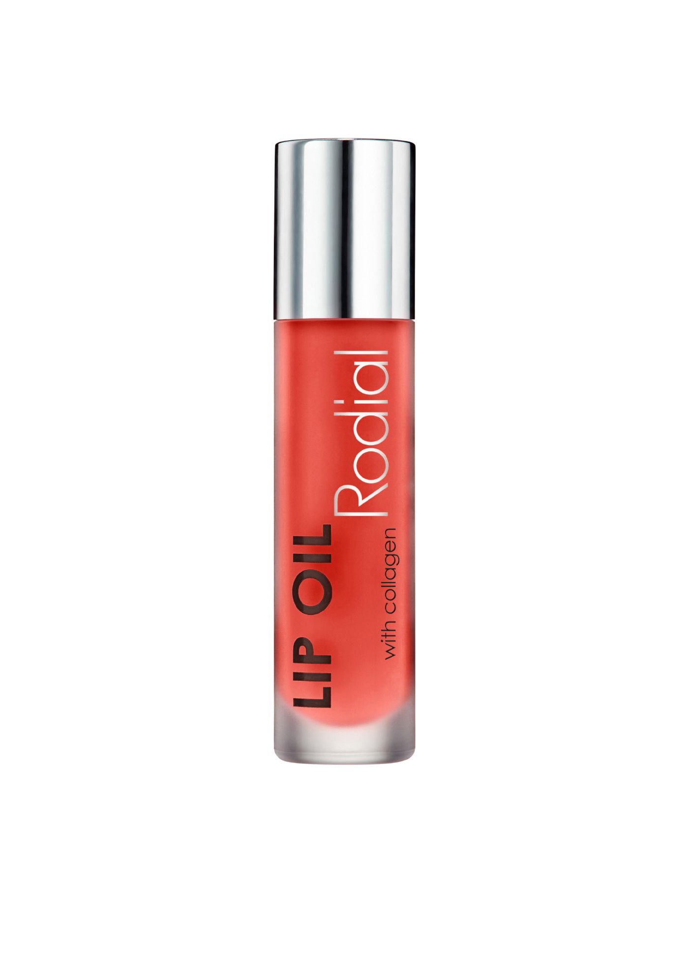 Lippenöl-Flakon mit silberner Kappe. Aufschrift: LIP OIL, Rodial, with collagen. Flüssigkeit in Korallenrot.