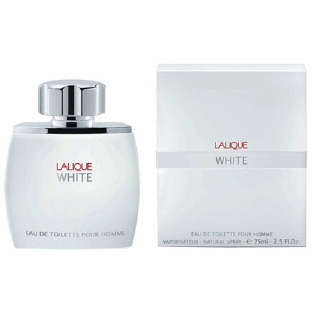 Weiße Flasche und Verpackung. Aufschrift: Lalique White. Flasche mit silbernem Verschluss. Karton daneben.