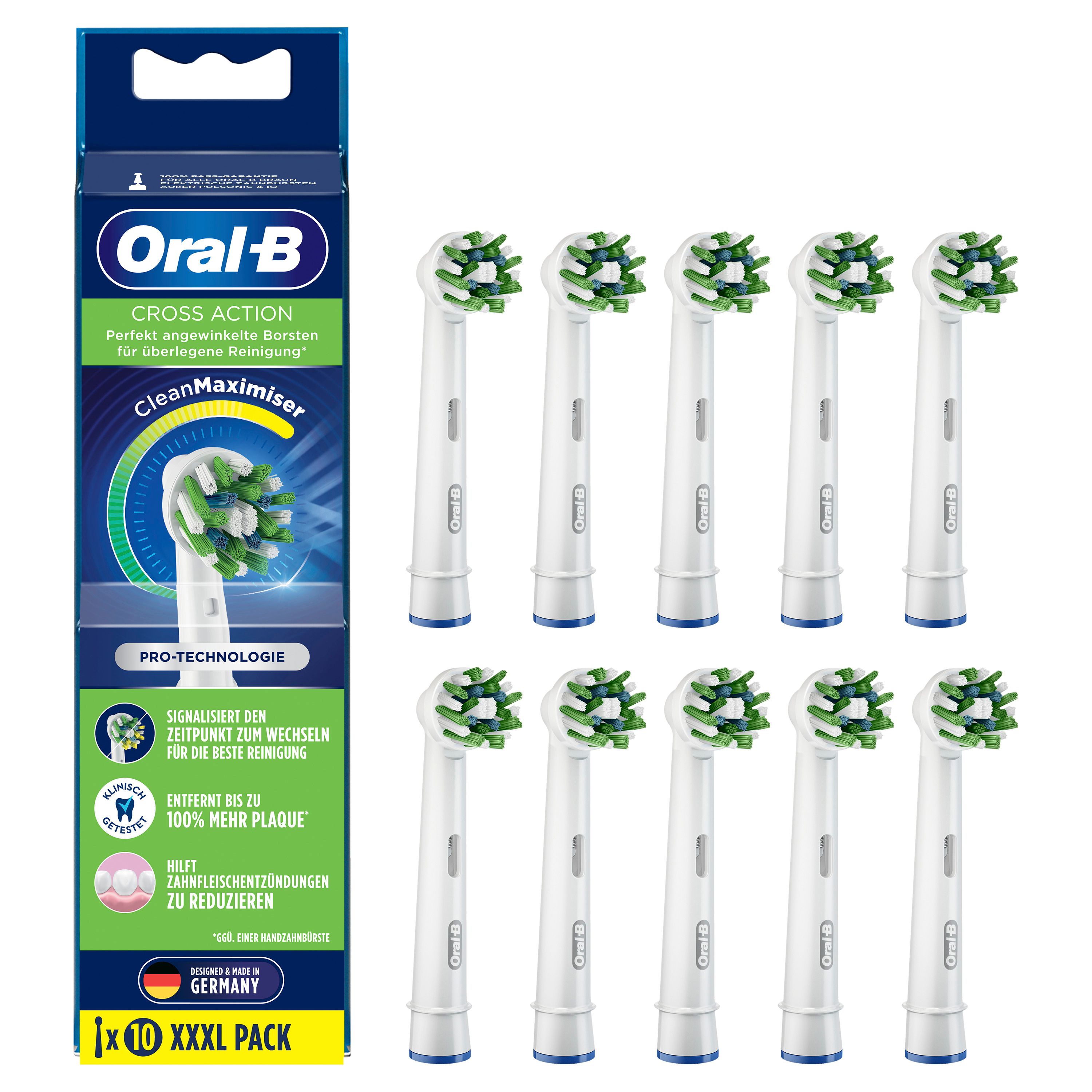 Zahnbürstenaufsätze mit Verpackung. Auf der Verpackung steht Oral-B Cross Action CleanMaximizer. 10 Stück, XXXL Pack.