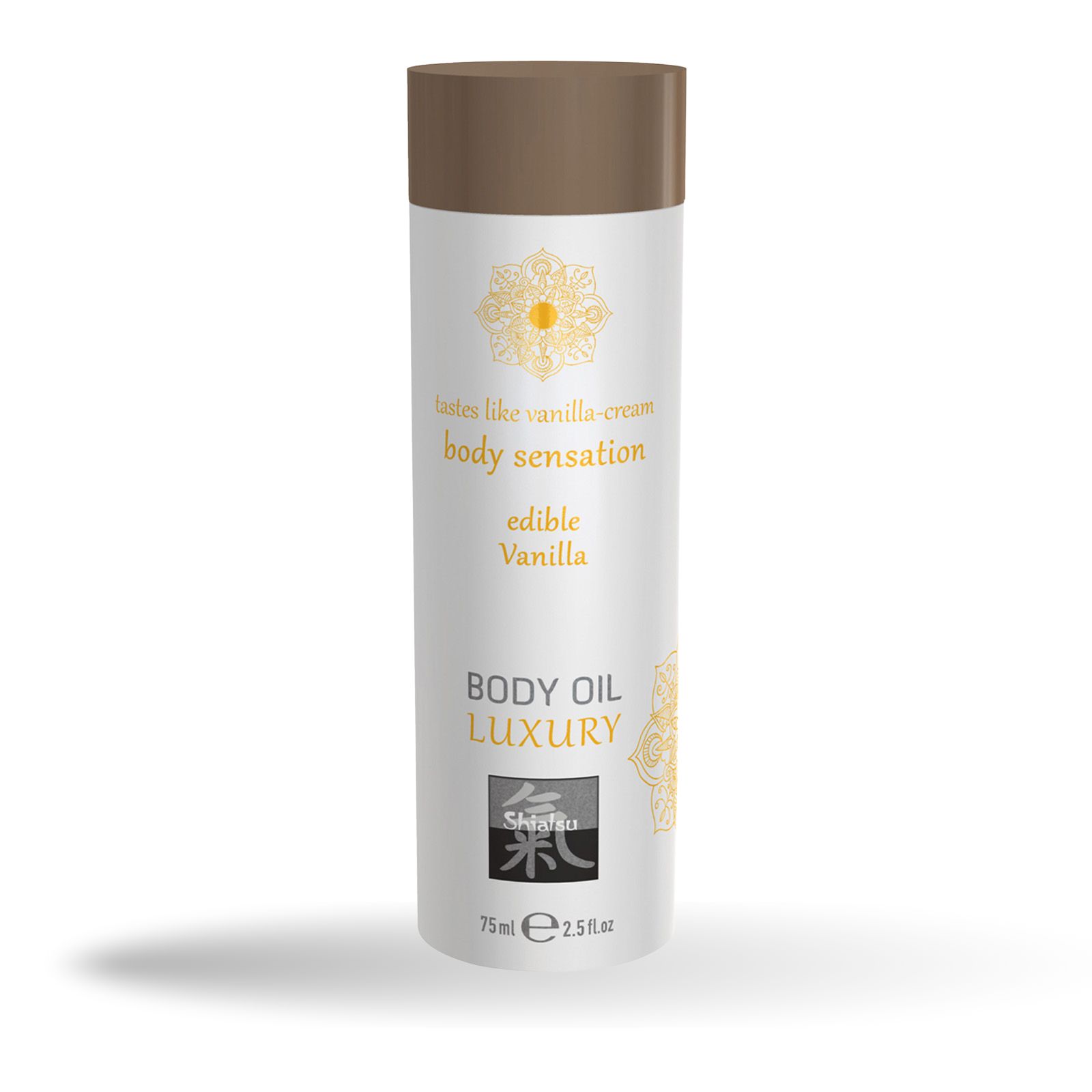 Zylindrische Flasche mit braunem Deckel. Aufschrift: Body Oil Luxury, Shiatsu, 75 ml, 2.5 fl oz. Text: edible Vanilla, body sensation.