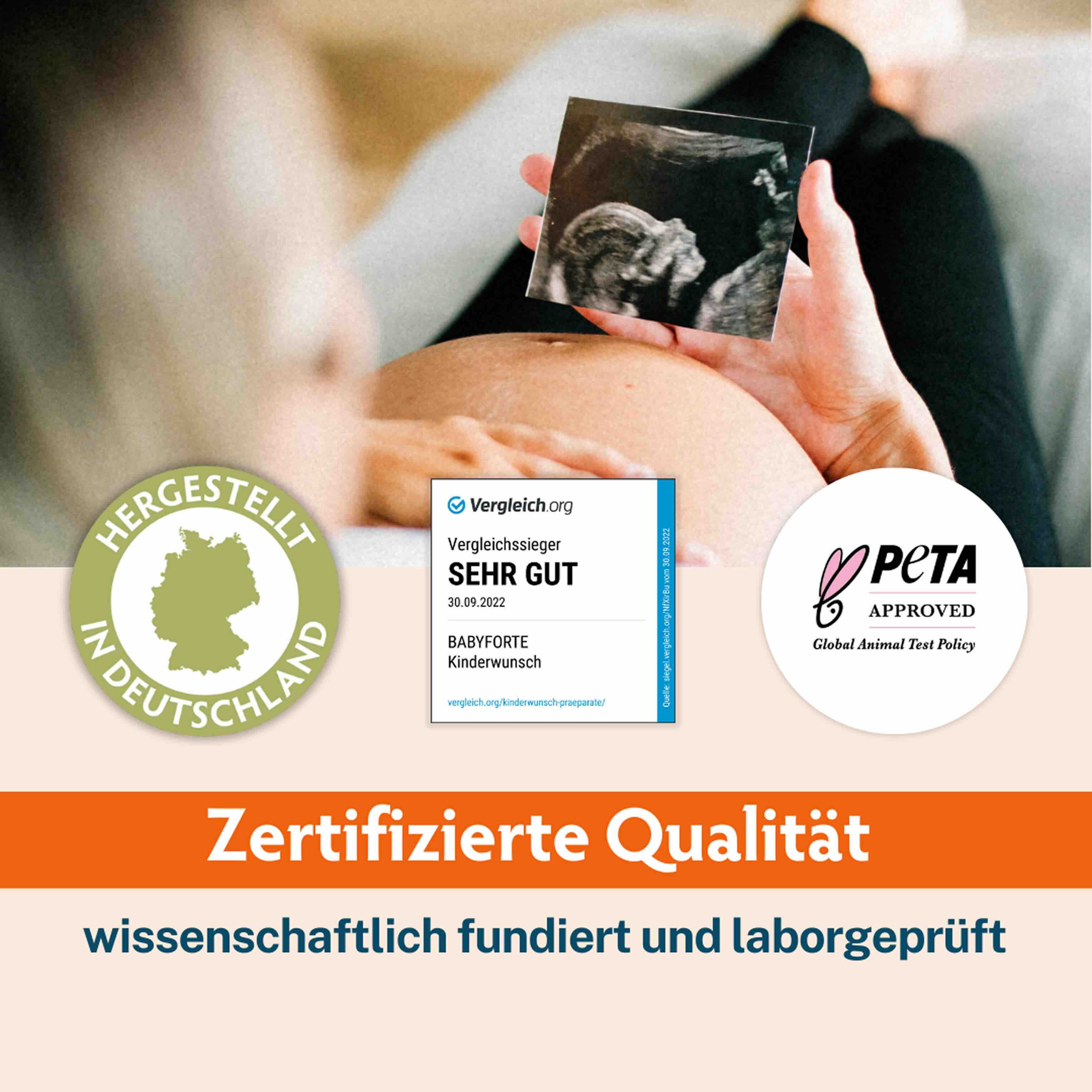 Schwangere Frau hält Ultraschallbild. Logos: Hergestellt in Deutschland, Vergleich.org, PETA Approved. Text: Zertifizierte Qualität.