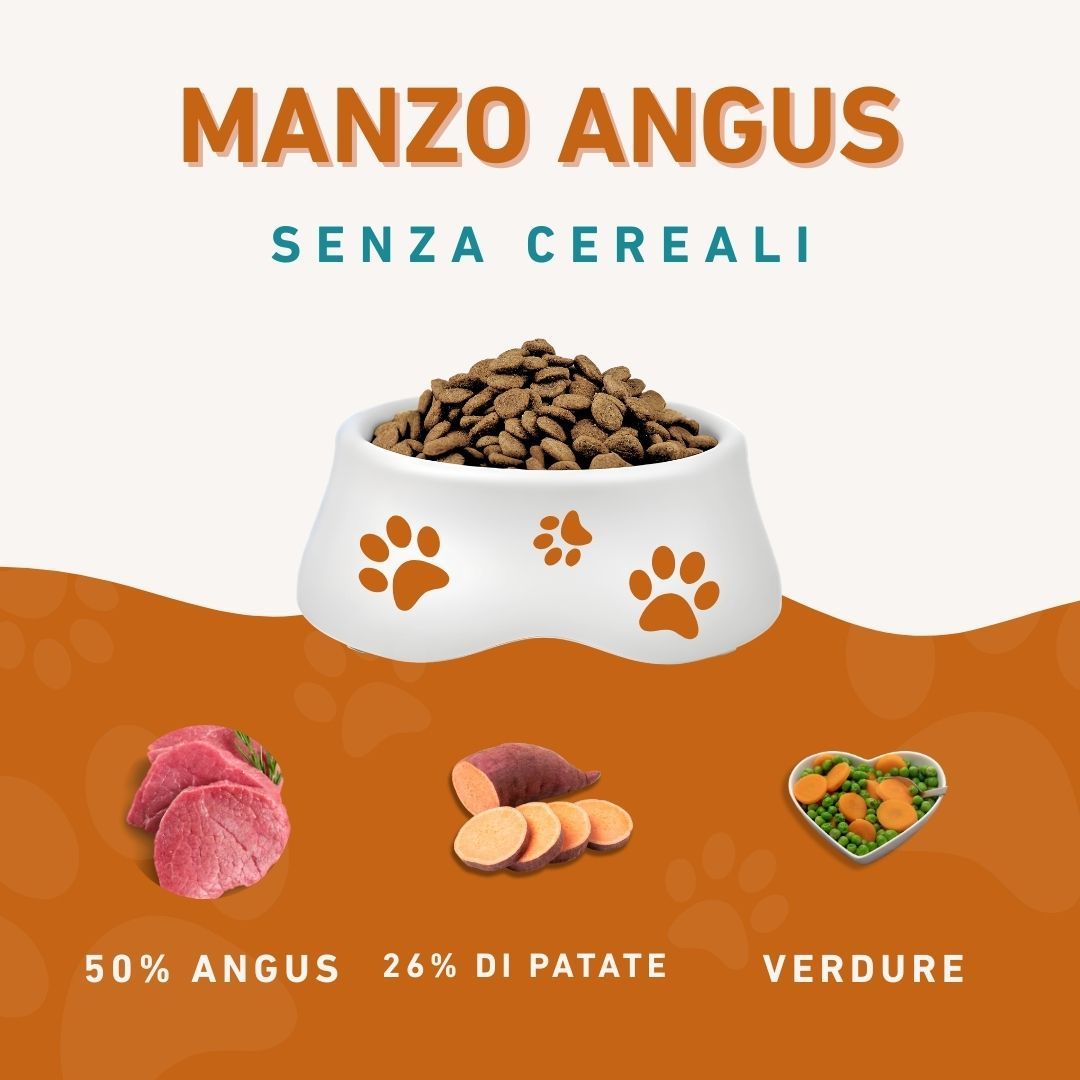Hundenapf mit Futter. Aufschrift: Manzo Angus, senza cereali. 50% Angus, 26% Patate, Verdure.