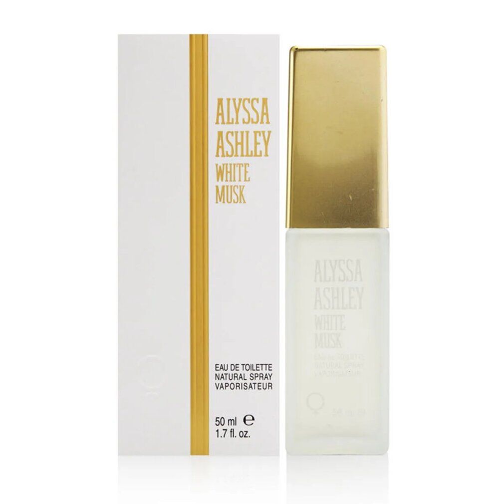 Alyssa Ashley White Musk Eau de Toilette Spray. Flakon und Verpackung. Weiß, Gold. Aufschrift: Eau de Toilette, Natural Spray.