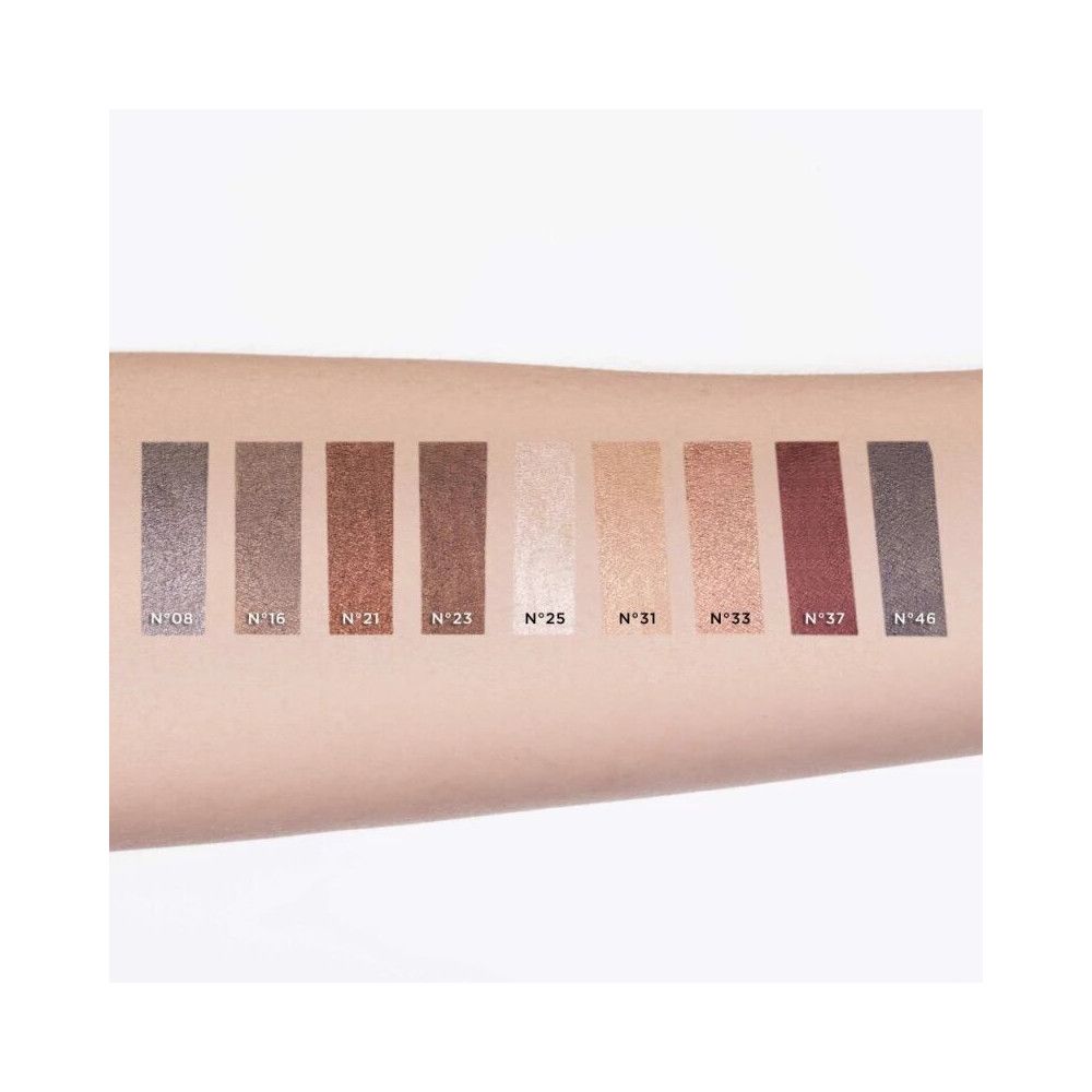 Arm mit Lidschatten-Farbmustern. Verschiedene Farbtöne mit Nummern.