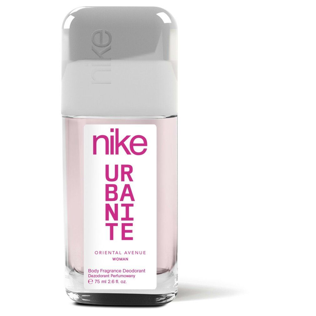 Deodorantflasche mit rosa Flüssigkeit. Weißes Etikett mit pinkfarbenem "nike URBANITE"-Schriftzug. Grauer Deckel mit "nike"-Logo.