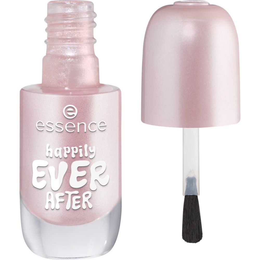 Nagellackflasche, rosa, geöffnet. Pinsel sichtbar. Aufschrift: Essence, happily EVER AFTER.