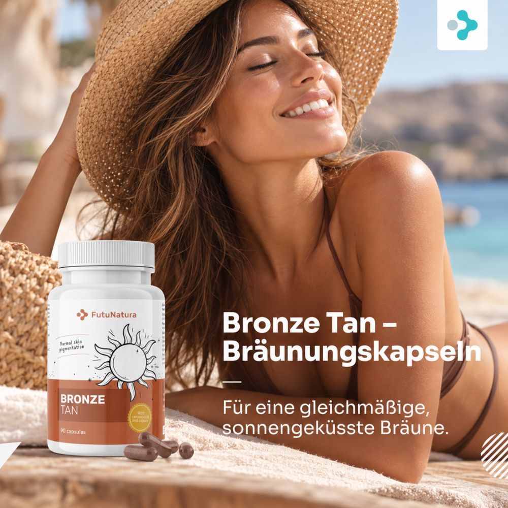 FutuNatura Bronze Tan Bräunungskapseln, 90 Kapseln, mit Sonnensymbol.