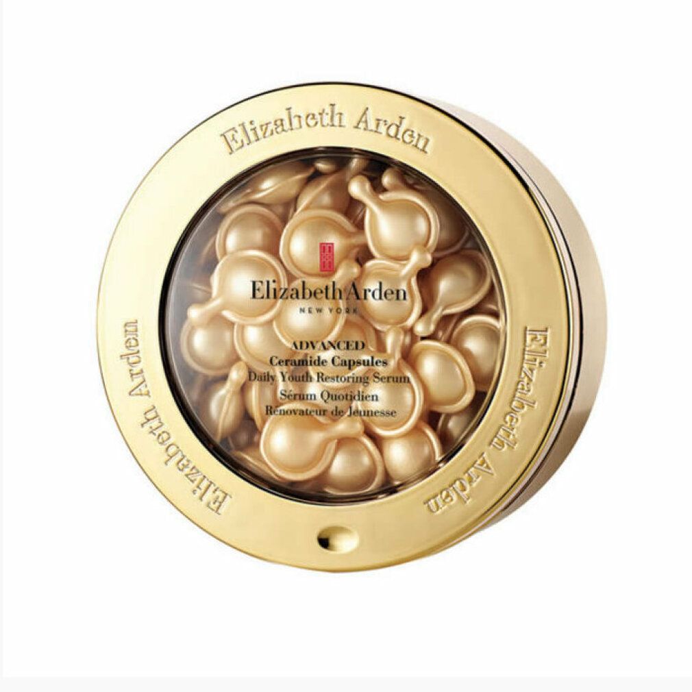 Runde, goldfarbene Dose mit Ceramide Kapseln. Aufschrift: Elizabeth Arden, Advanced Ceramide Capsules, Daily Youth Restoring Serum.