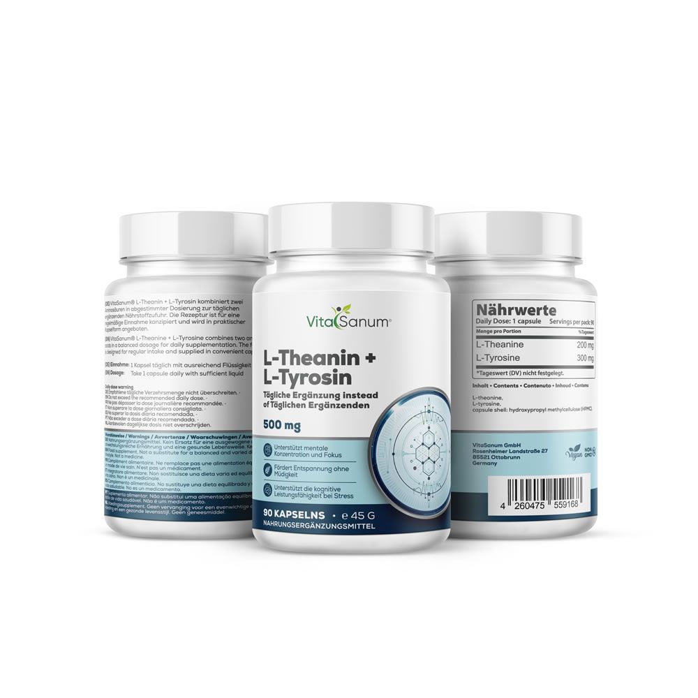 Drei Flaschen VitaSanum L-Theanin + L-Tyrosin Kapseln. Vorderseite mit Produktnamen, Inhaltsangabe und Dosierung.