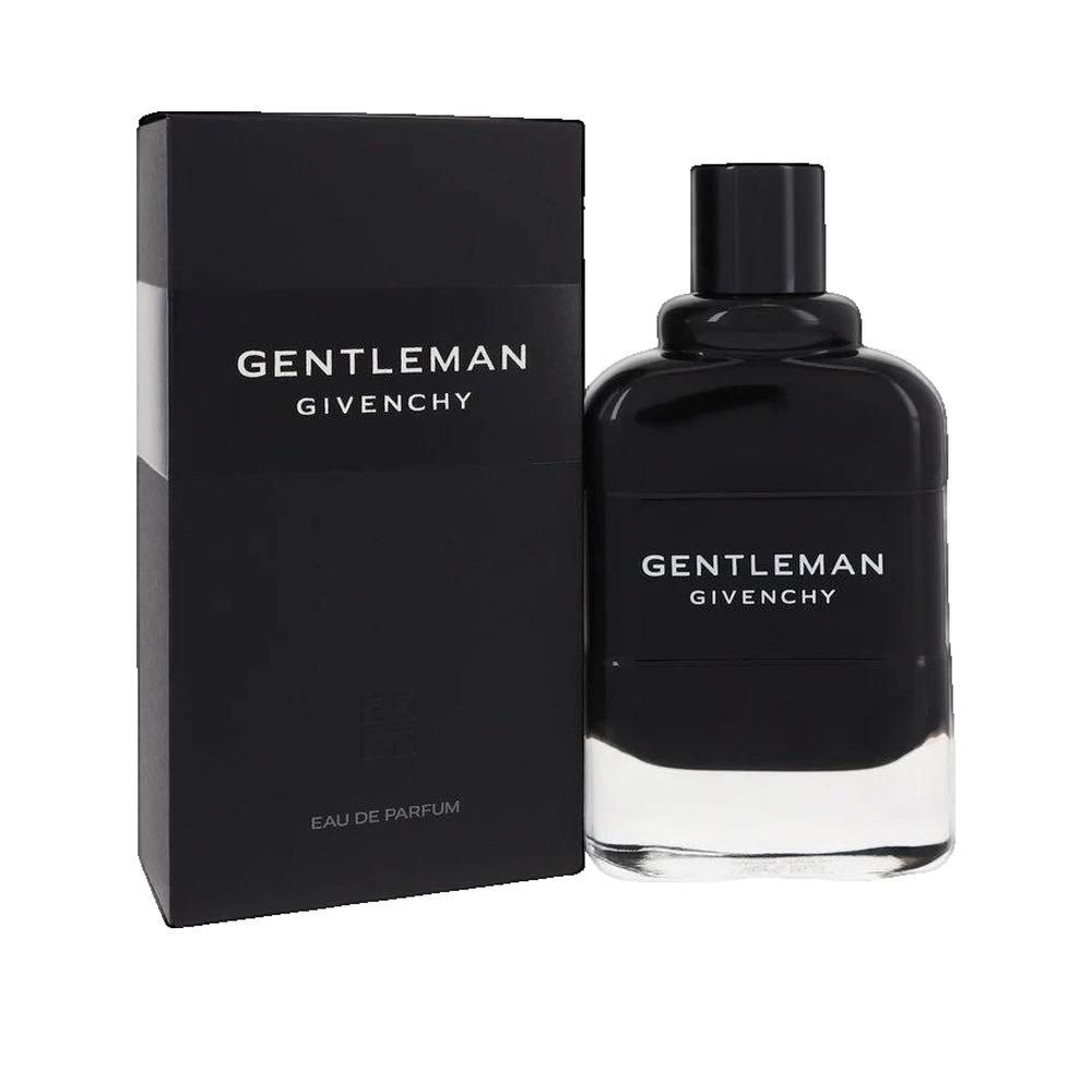 Schwarzer Flakon und Verpackung. Aufschrift: GENTLEMAN GIVENCHY. Flakon mit schwarzem Verschluss. Verpackung mit Logo.