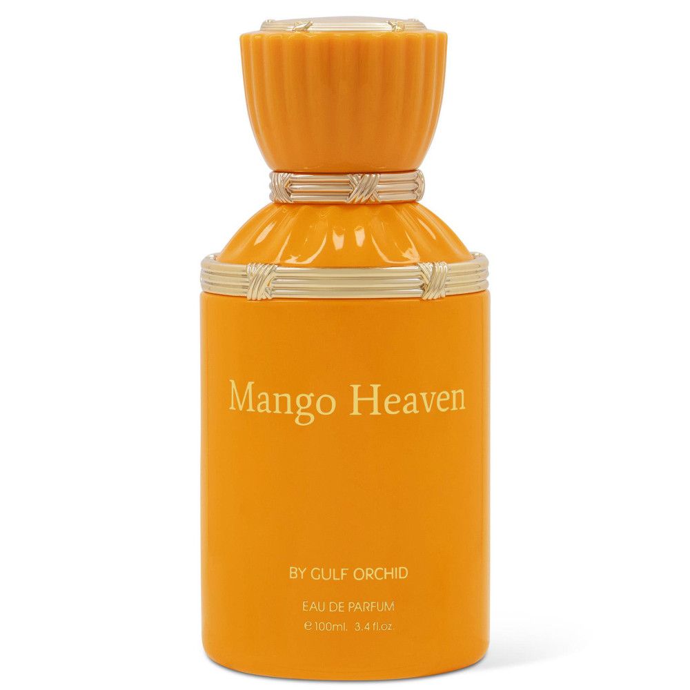 Orangener Flakon mit goldfarbenem Verschluss und Aufschrift Mango Heaven. Der Flakon hat eine geriffelte Kappe.