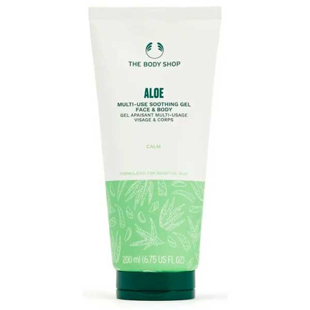 Weiß-grüne Tube mit Aloe-Gel. Text: Aloe Multi-Use Soothing Gel Face & Body. Marke: The Body Shop. Grüne Kappe. 200 ml.