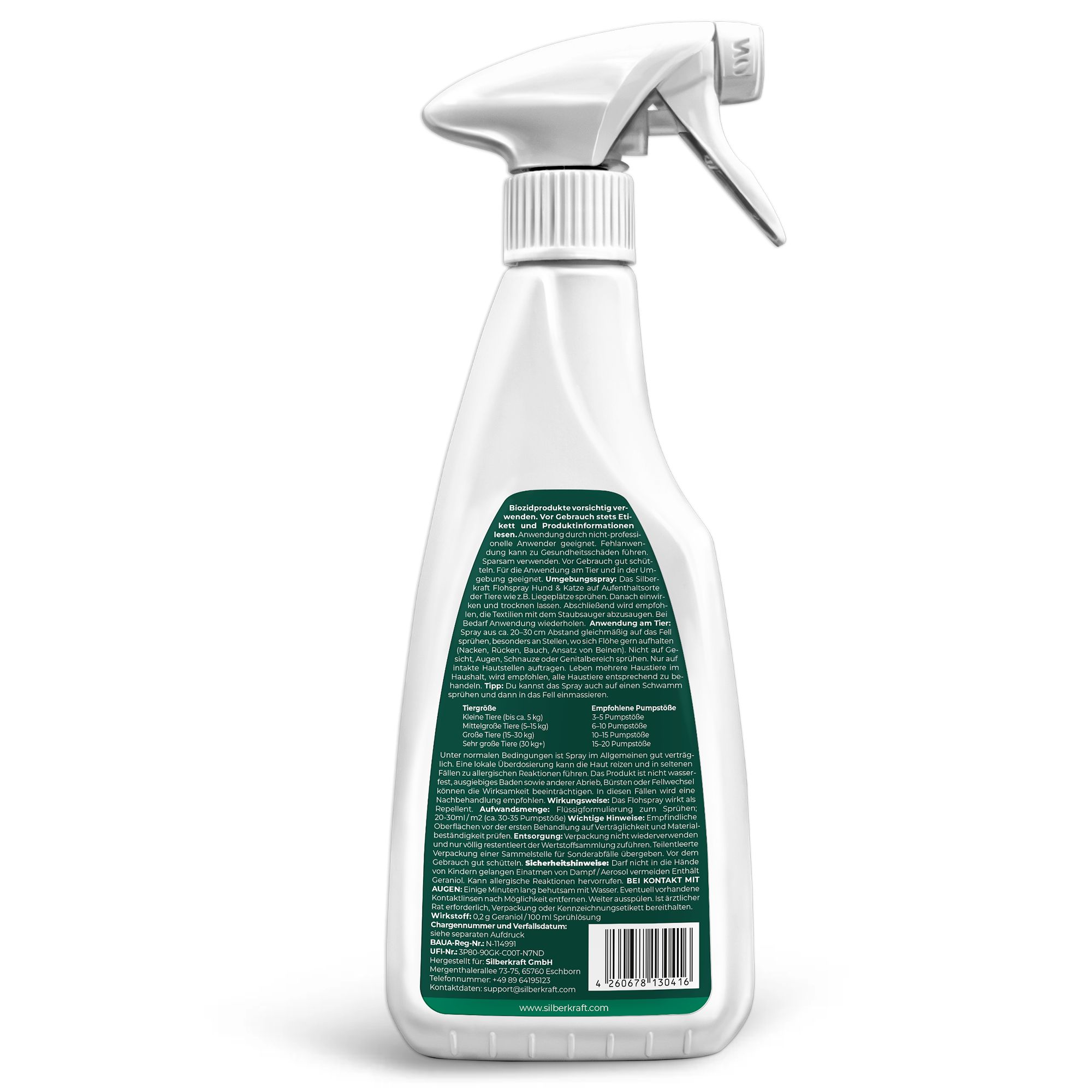 Rückseite der weißen Sprühflasche. Grüne Etikett mit Produktinformationen und Inhaltsstoffen. Text: Anwendungshinweise.