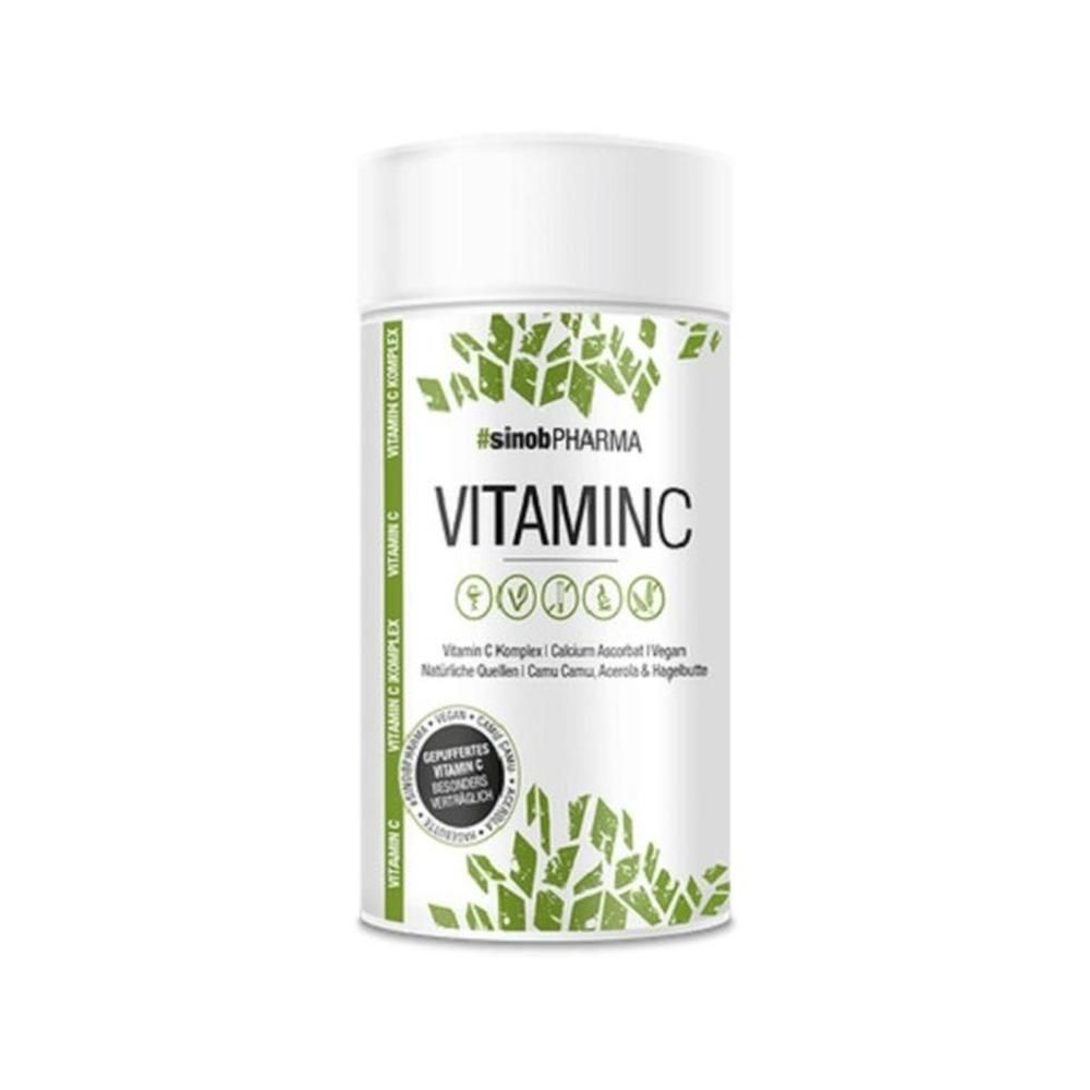 Zylindrische Dose mit weißem Deckel. Aufschrift: Vitamin C, #sinobPHARMA. Grüne Blätter-Grafik. Text: Vitamin C Komplex, vegan.
