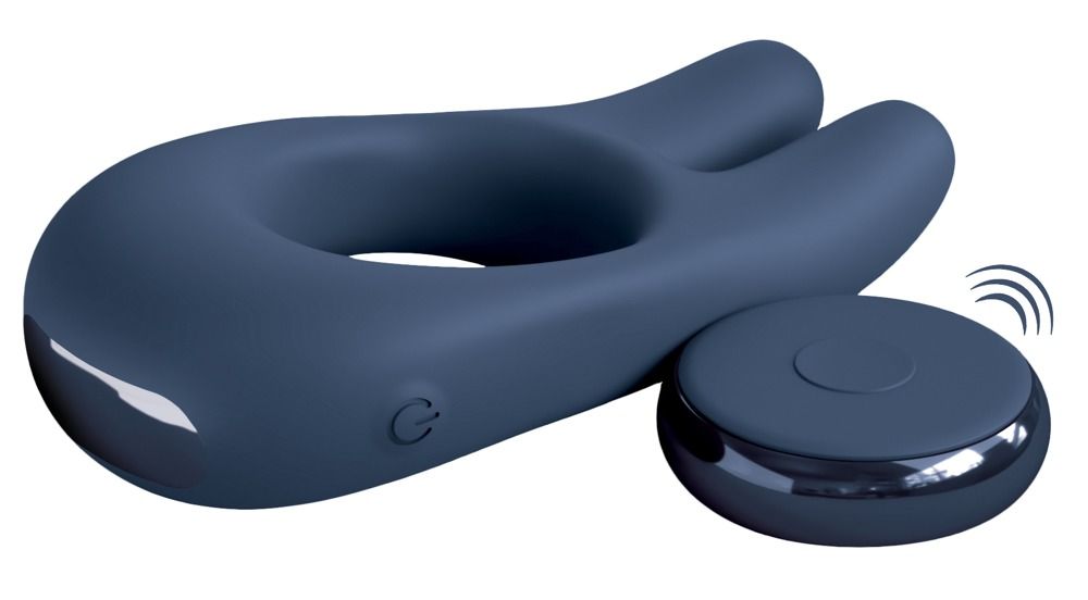 Blaues Silikon-Ring-Vibrationsgerät mit Fernbedienung. Ring mit zwei Erhebungen und großem Loch. Fernbedienung rund.