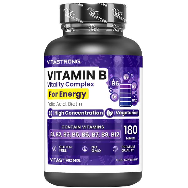 Vitastrong Vitamin B Complex Flasche. Enthält 180 Tabletten. Mit Aufschrift 'Vegetarisch' und 'Glutenfrei'.