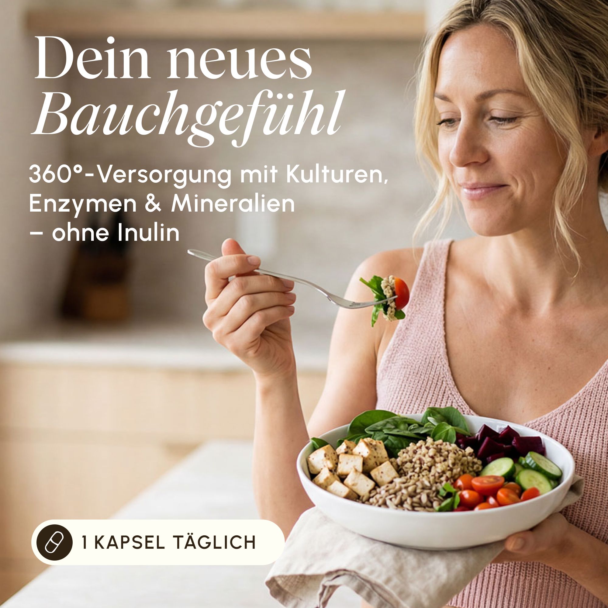 Frau isst eine Schüssel mit gesundem Essen, Text über Darmgesundheit.