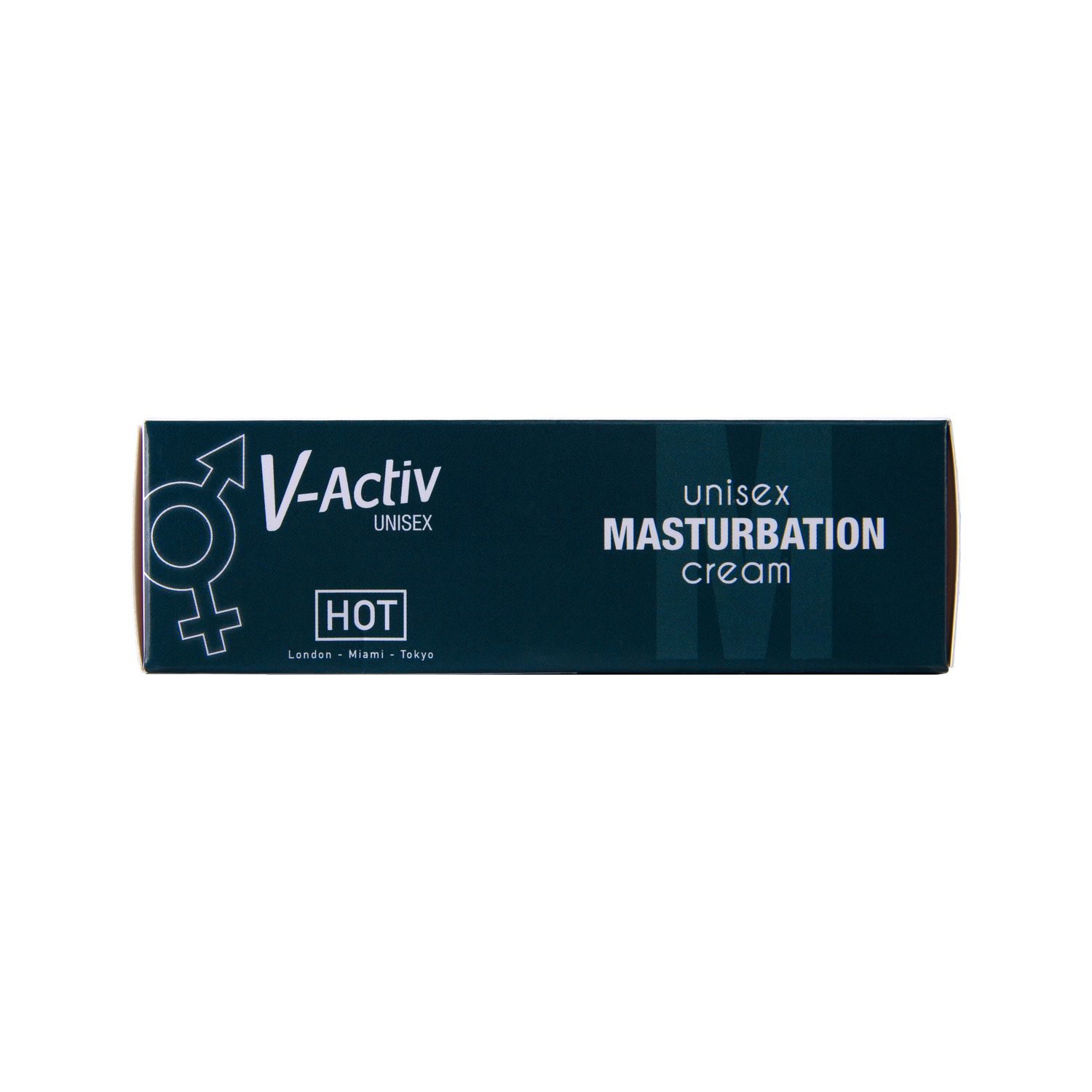 Produktverpackung. V-Activ Unisex Masturbationscreme. 50ml. Mit Logo und Geschlechtssymbolen.
