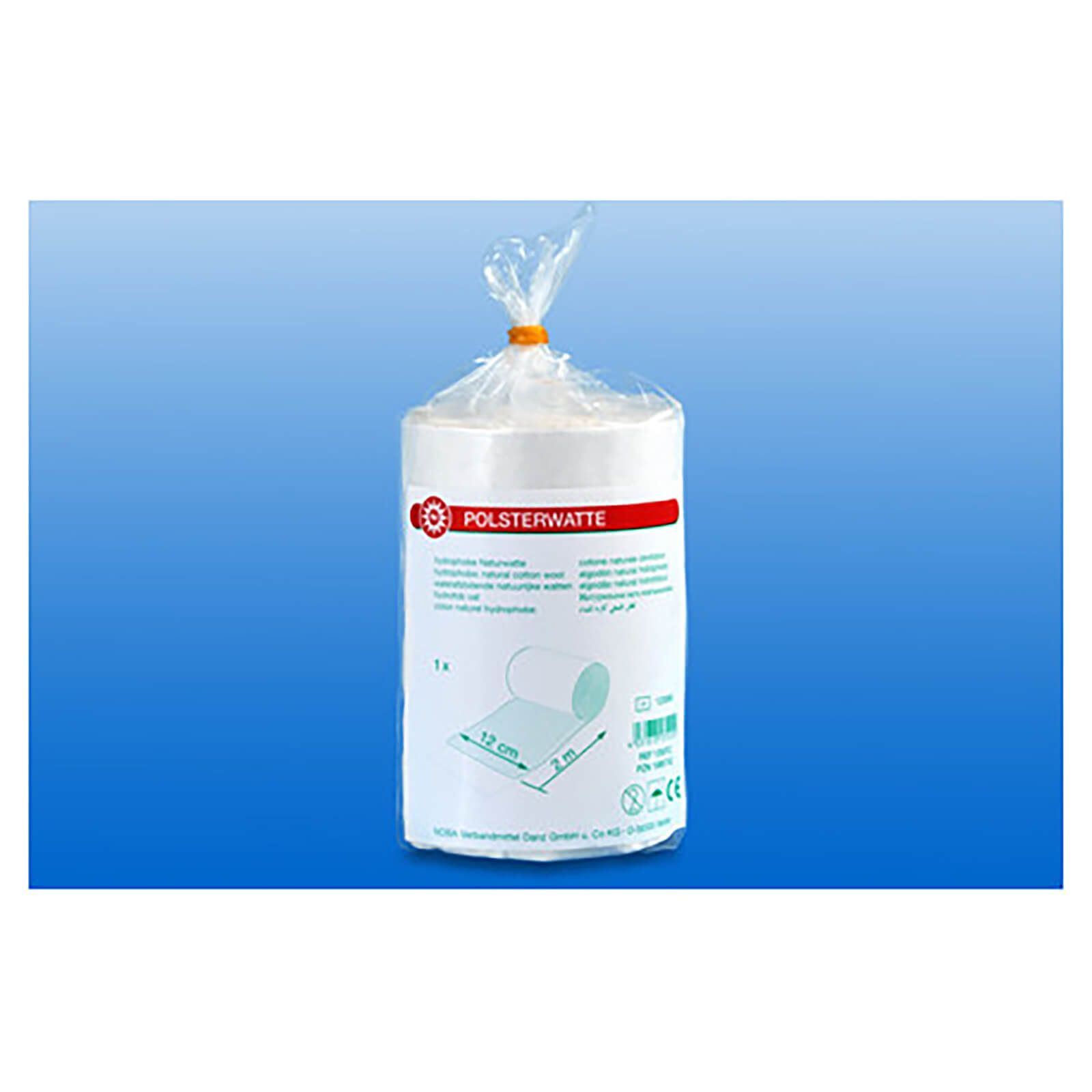 Verpackte Polsterwatte. Zylindrische Form, weiß. Mit roter Beschriftung. Auf blauem Hintergrund.