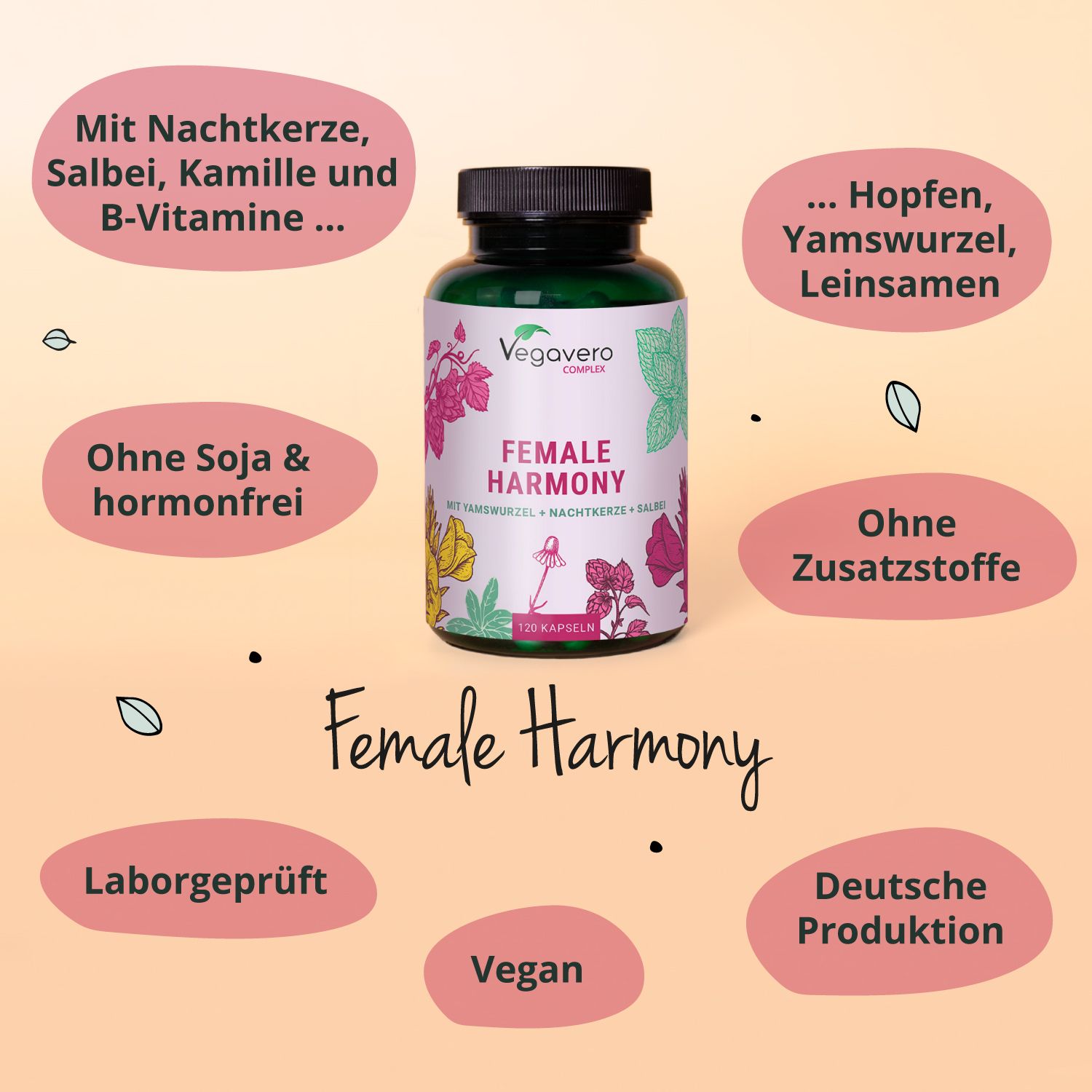 Flasche FEMALE HARMONY. Vegavaro. Mit Nachtkerze, Salbei, Kamille und B-Vitaminen. Ohne Soja & hormonfrei. Vegan.